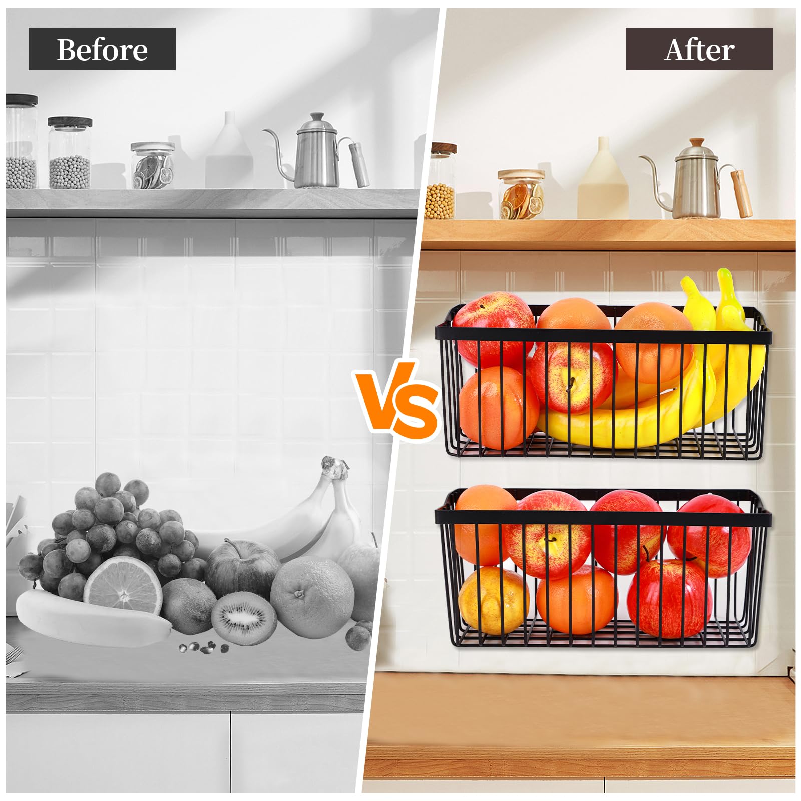 2 Pcs Fruit Basket Wire Baskets, Fruit and Veggie Storage Basket Holder for Kitchen Wall Mounted,Kitchen Organizers and Storage for Snack Onion Potato（Black）