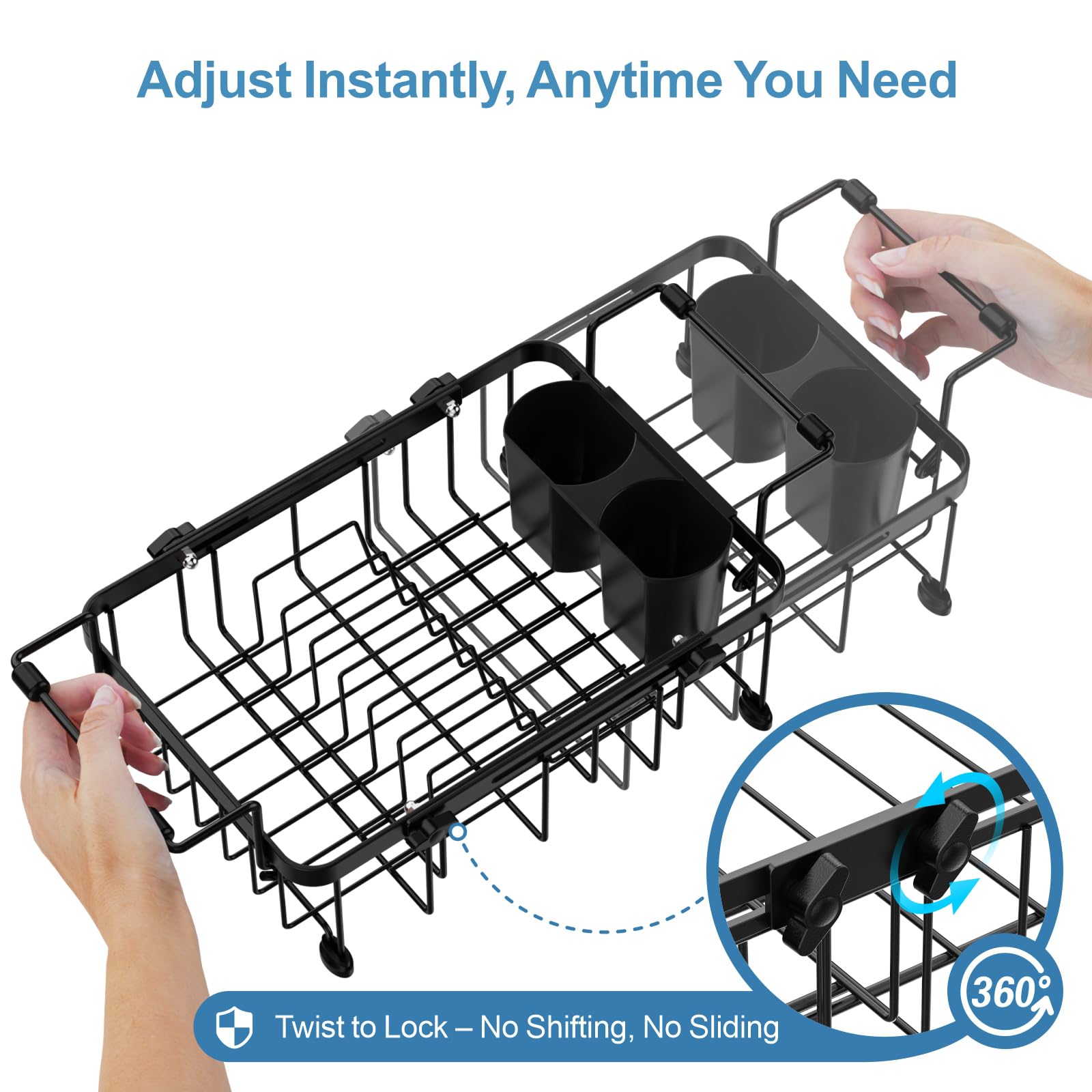 GSlife Small Sink Dish Drying Rack, 9" W Expandable Compact Rust Resistant Dish Drainer for RV Apartment Kitchen, Dish Rack with Lock Knob, Arms with Non Slip Rubber, 12"–16.8" L, Black