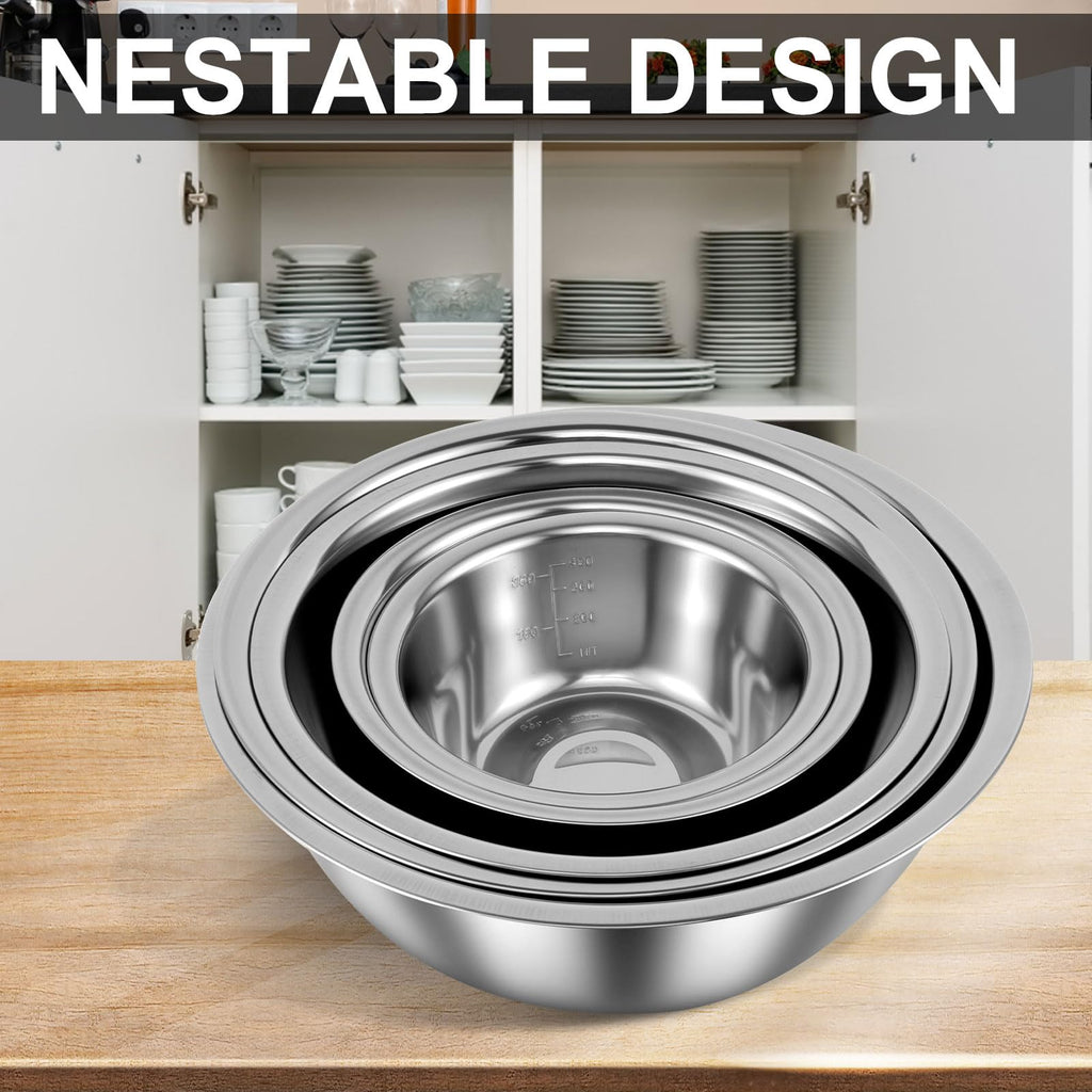 KOUISYY 5PCS Stainless Steel Mixing Bowls Set with Measurement Lines, Kitchen Nesting Bowls for Baking Prepping Cooking Serving Salad Vegetables, Food-Grade Breader Bowl Size 4.5, 3, 2, 1.5, 0.7 QT