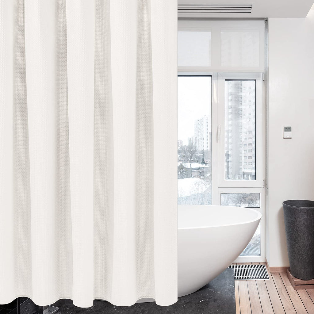 Waffle Weave Shower Curtain with Stainless Steel Hooks - 256 GSM Heavy Duty Fabric Bath Curtains, Hotel Luxury Quality, Water Resistant, Machine Washable, Weighted Hem, 72 x 72 Inches (White)