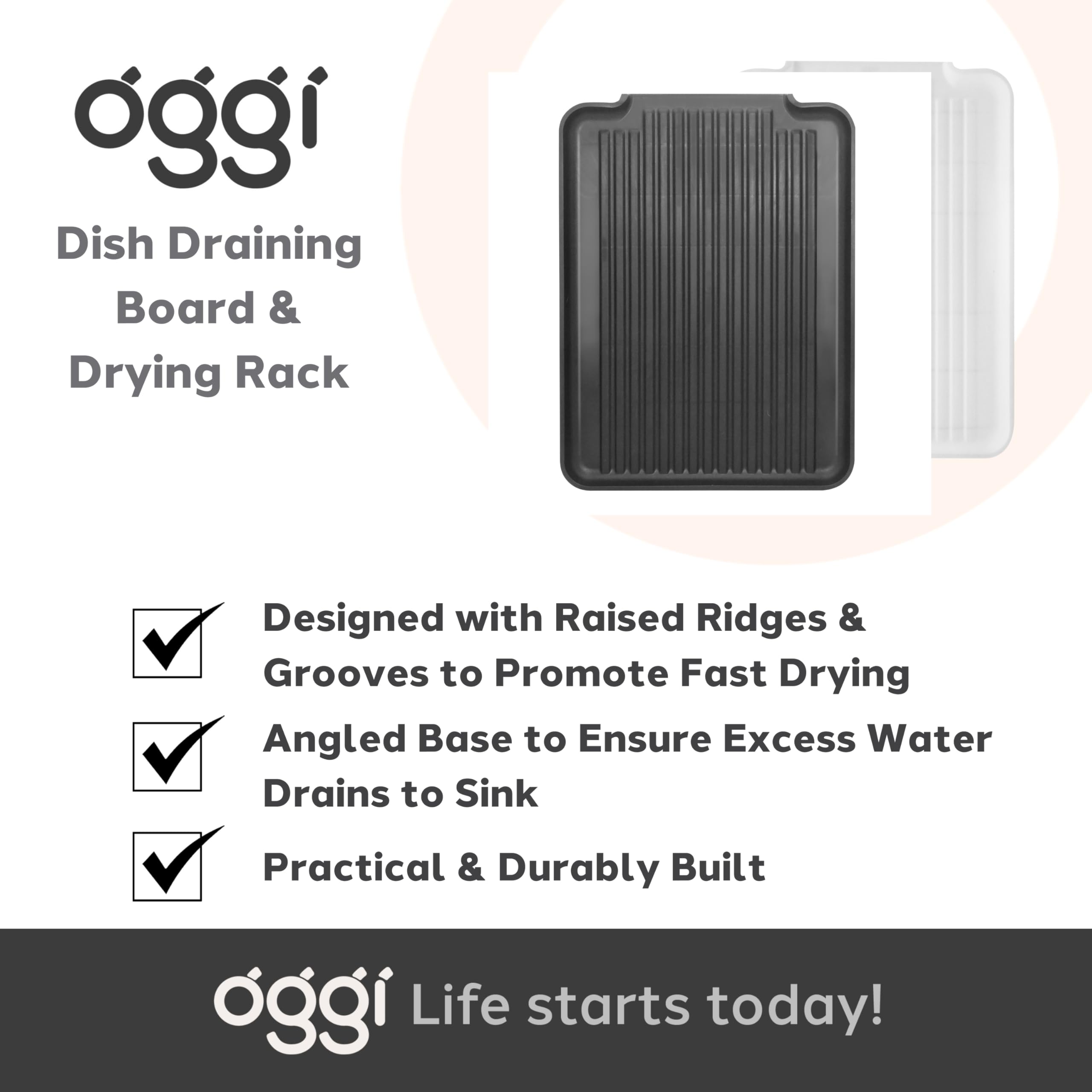 Oggi Dish Drain Board & Drying Rack Tray for Kitchen - Ideal Rigid Drainboard, Plate & Glass Drainer Tray, Dish Drain Boards for Kitchen Counter, 12.75 x 17.25 - Black