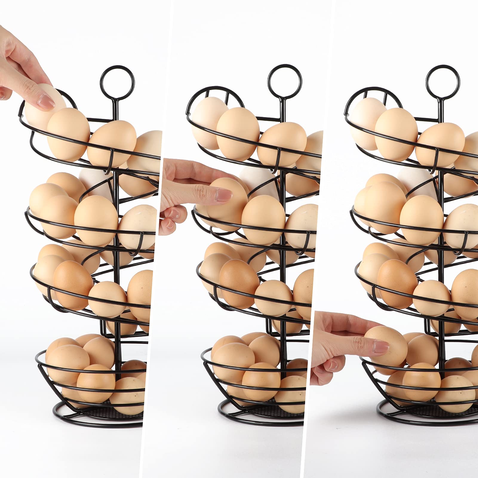 QUTREY Black Metal Egg Skelter, Spiral Design Egg Dispenser Rack Holder with Storage Basket for Countertop, Kitchen