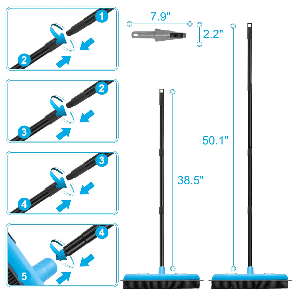 KeFanta Rubber Broom Carpet Rake for Pet Hair Removal, 51" Long Handle Fur Remover Broom with Squeegee, Pet Hair Broom for Carpet, Hardwood Floor, Tile