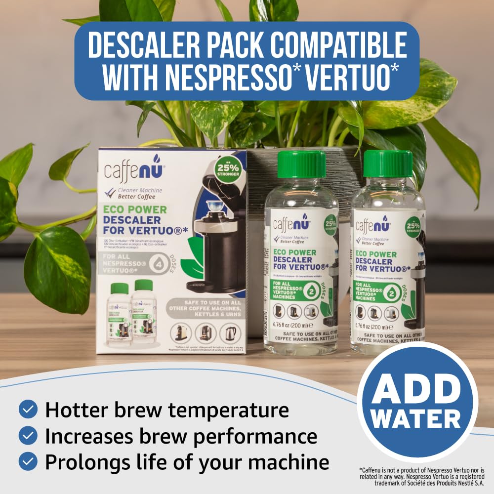 Nespresso Compatible Descaling Kit. 2 Bottles of Vertuo Descaler Solution. Removes Limescale For Hotter Coffee. 4 Uses Descaler For Nespresso Vertuo Coffee Machines.