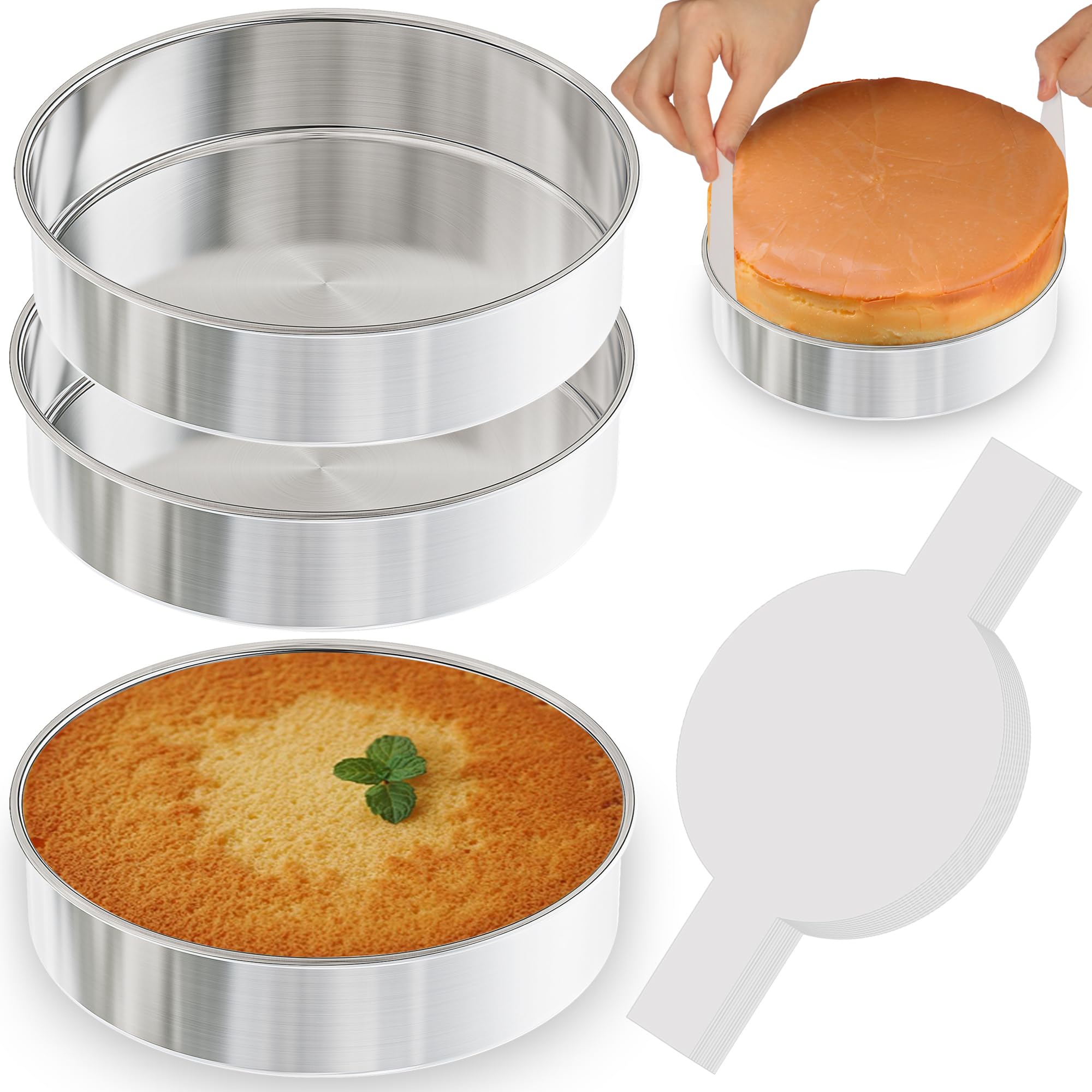 8 Inch Cake Pan Set of 3, Nonstick Circle Round Cake Pans with 100PCS Pre-cut Parchment Papers for Layer Cake, Non-Toxic Stainless Steel Baking Pans Set for Birthday Christmas Wedding, Dishwasher Safe