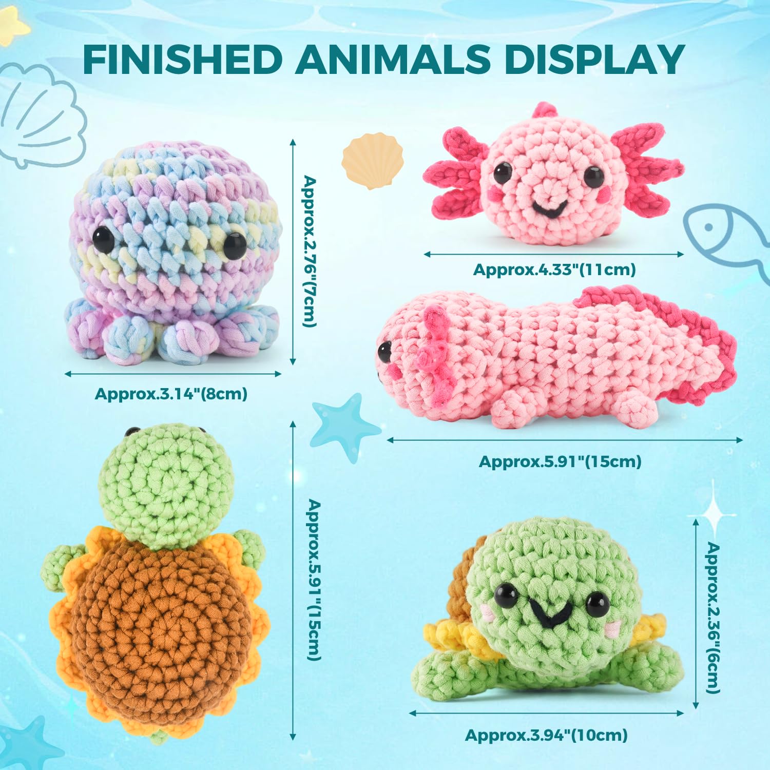 Crochet Kit for Beginners, 5 Pack Amigurumi Beginner Crochet Kit, Crochet Turtle Axolotl Octopus kit Crochet for Beginners, Crochet Animals Knitting Kit with Step-by-Step Video, Crafts for Adults