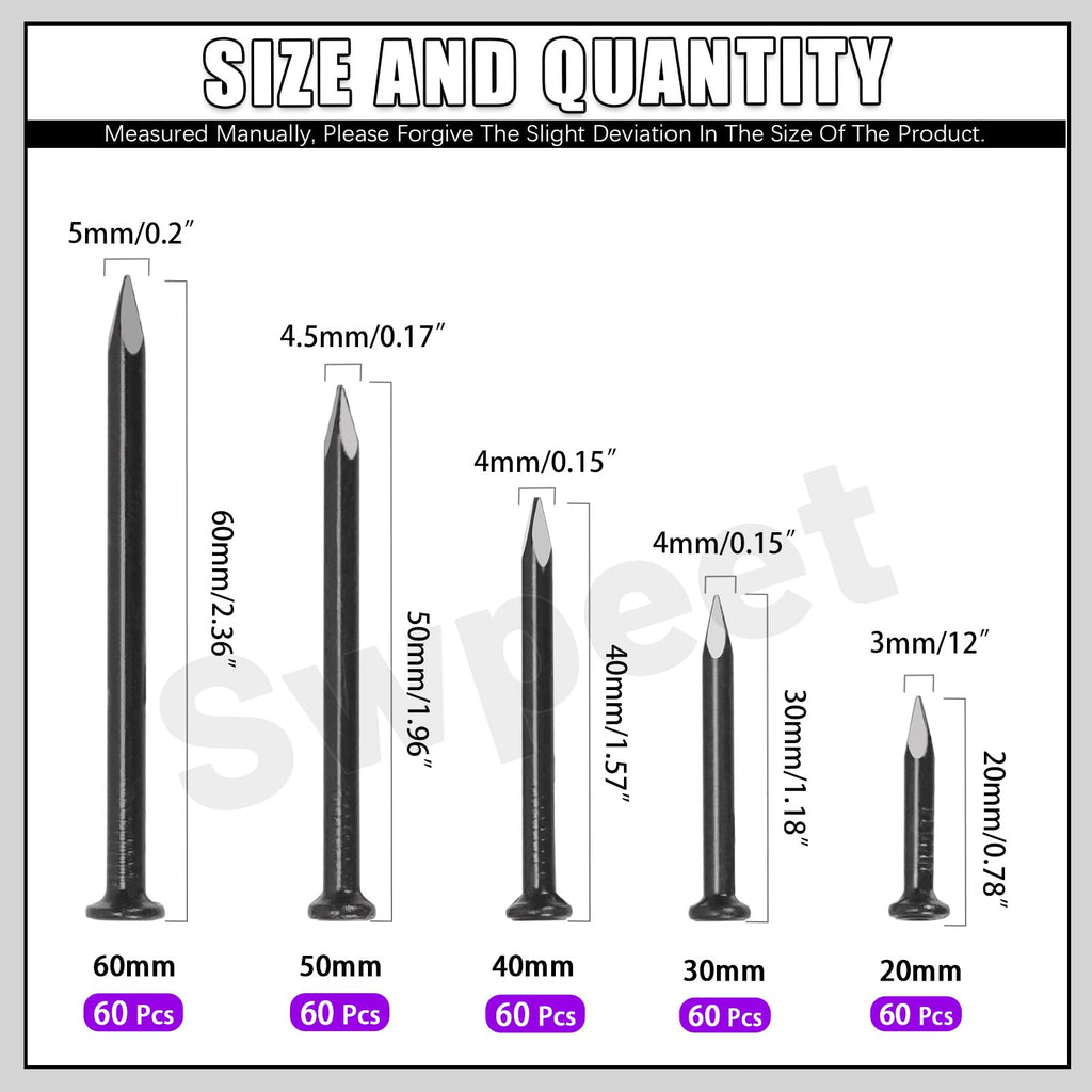 Swpeet 300Pcs 5 Sizes 3/4" 1-1/4" 1-3/5" 2" 2-3/8" Black Hardware Nails Assortment Kit，Steel Nail, Galvanized Nails, Small Nails, Finishing Nails, Wall Nails, Wood Nails, Nails for Concrete Brick