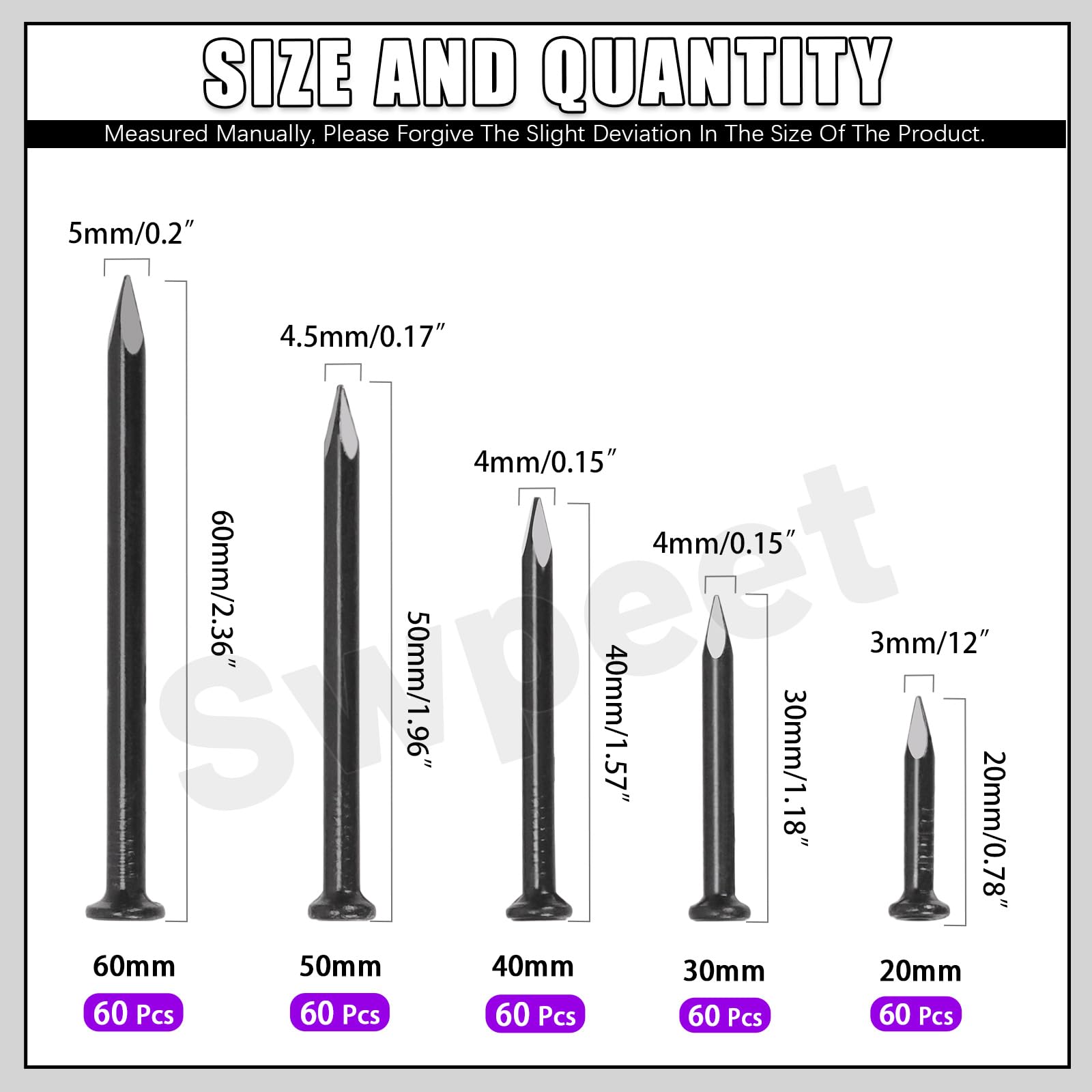 Swpeet 300Pcs 5 Sizes 3/4" 1-1/4" 1-3/5" 2" 2-3/8" Black Hardware Nails Assortment Kit，Steel Nail, Galvanized Nails, Small Nails, Finishing Nails, Wall Nails, Wood Nails, Nails for Concrete Brick