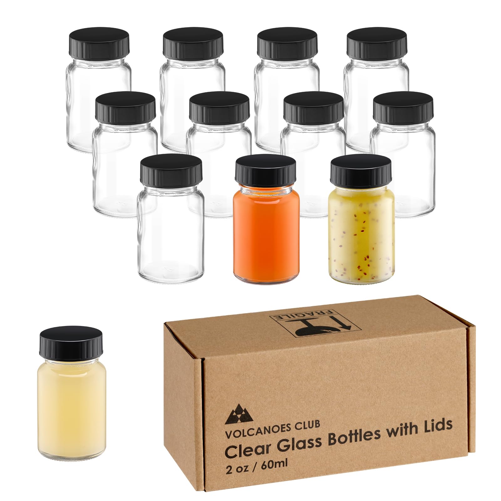 VOLCANOES CLUB 2oz Glass Jars with Lids - Glass Shot Bottles Set for Liquids, Juicing, Ginger Shot, Sample - Small Containers with Screw Caps - Mini Round Bottles - Leakproof/Wide Mouth - 12Pack