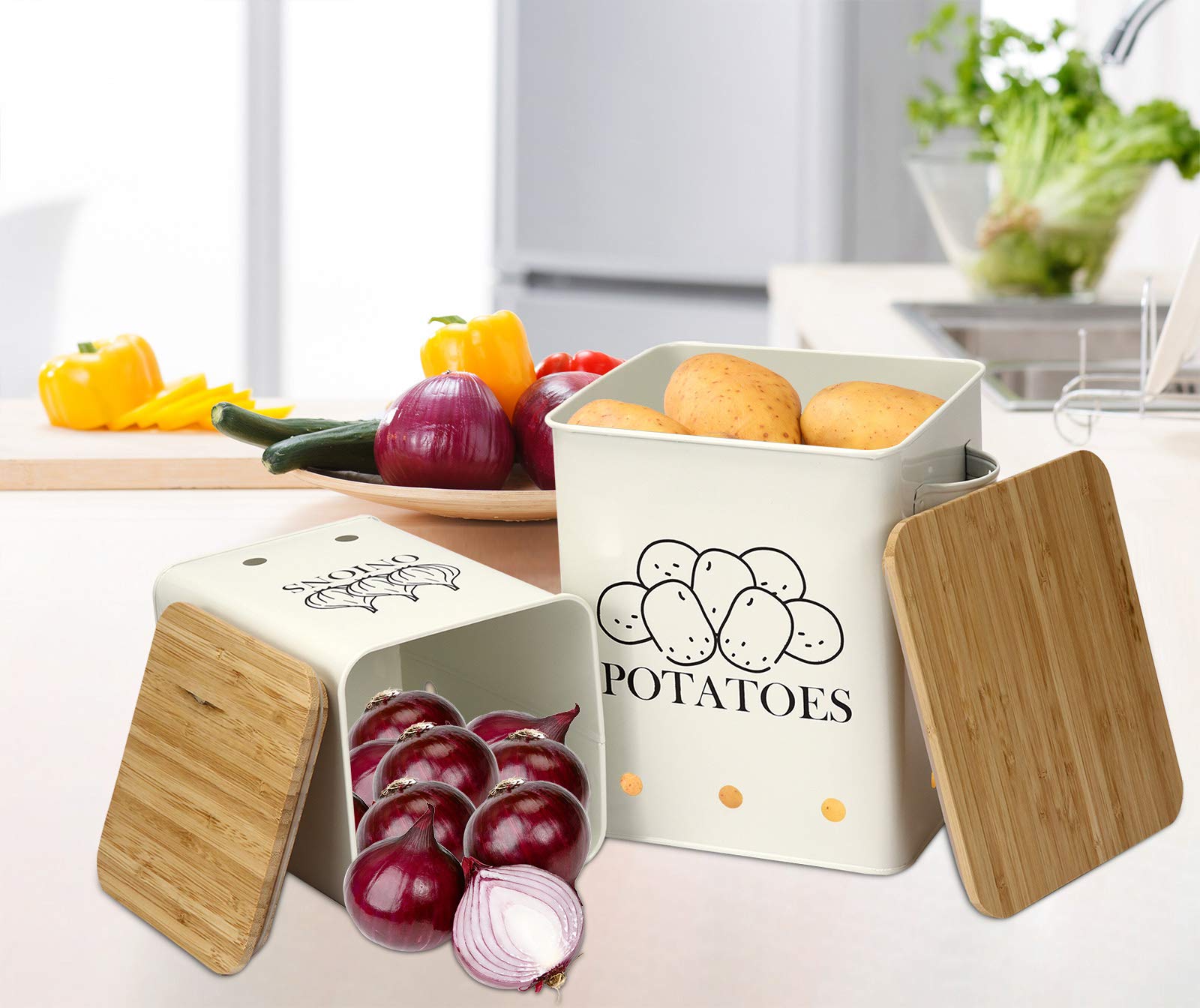 Xbopetda Potato Onion Storage Bin, Kitchen Storage Canister Set of 2, Kitchen Pantry Organizer Tin - Vegetable Fresh Keeper with Aerating Tin Storage Holes & Wooden Lid (White)