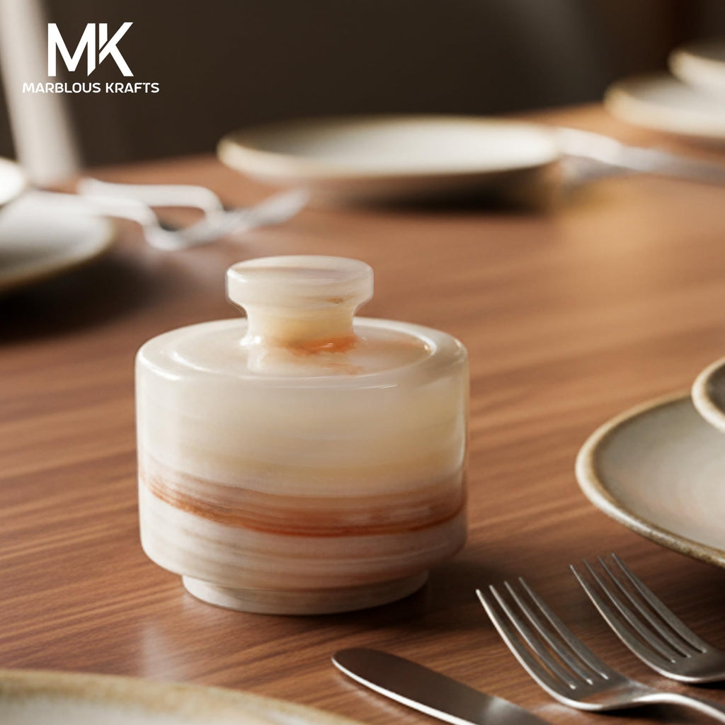MARBLOUS KRAFTS stylish marble sugar dispenser 3" X 3" salt cellar, single salt container with lid (White Onyx)