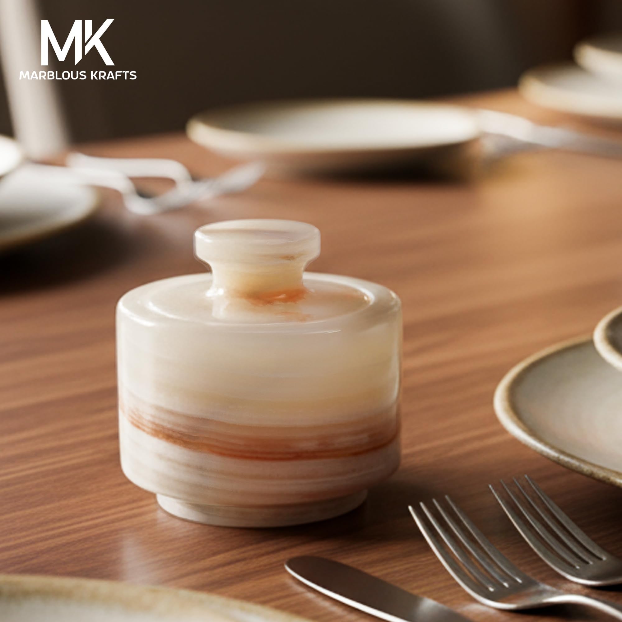 MARBLOUS KRAFTS stylish marble sugar dispenser 3" X 3" salt cellar, single salt container with lid (White Onyx)