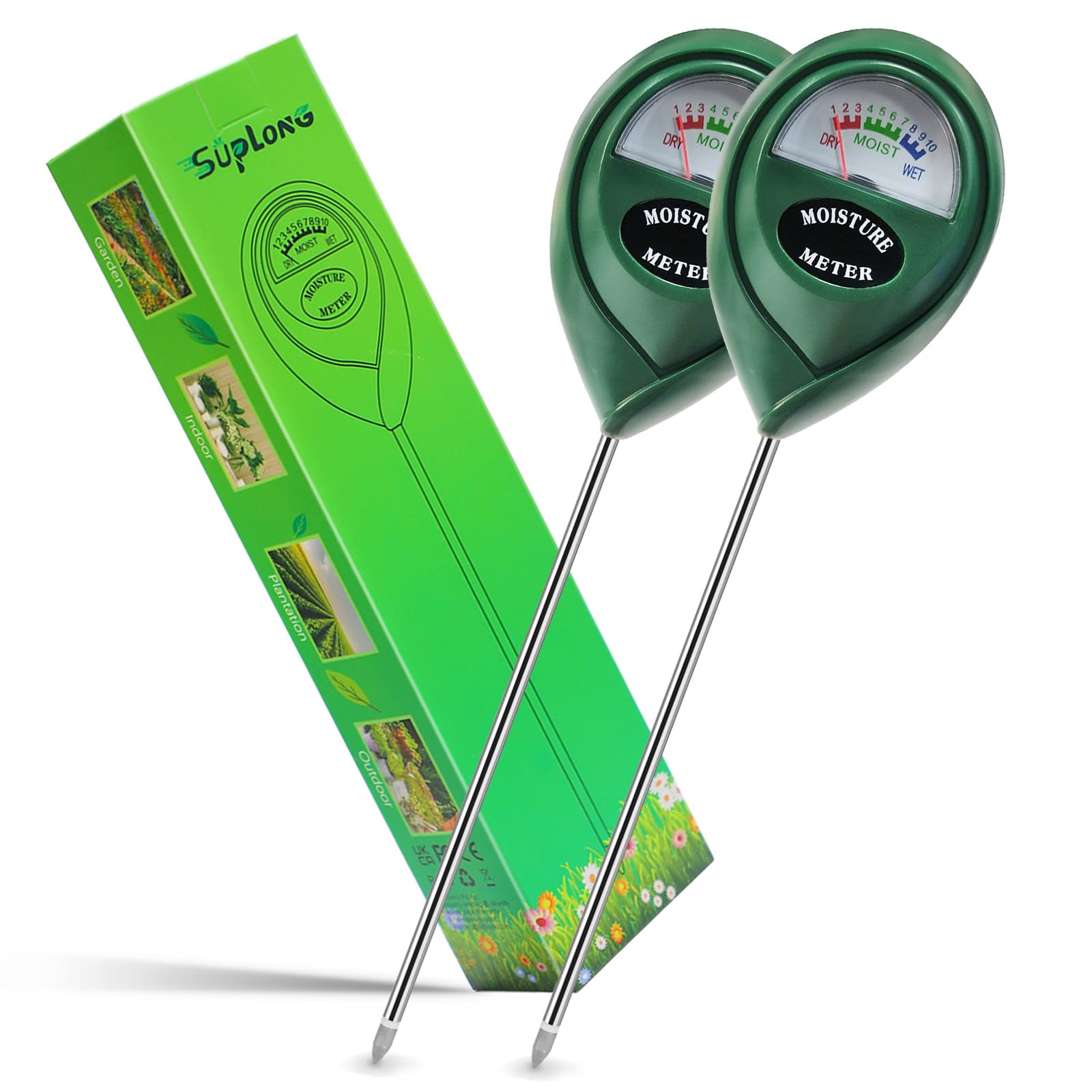 Suplong 2 Packs Soil Moisture Meter, Moisture Meter for Plants, Plant Water Meter, Plant Moisture Meter for Garden, Farm, Lawn, Indoor & Outdoor (No Battery Needed)(Green)