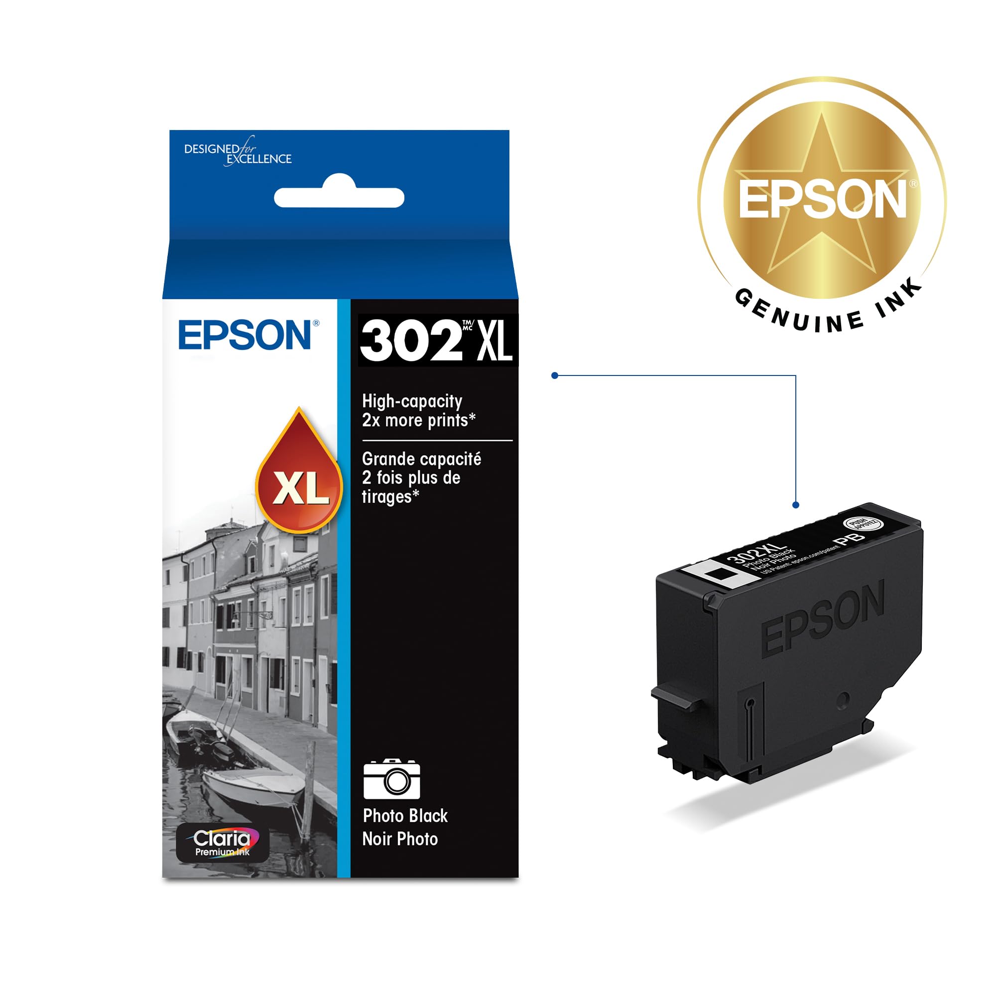 EPSON 302 Claria Premium Ink High Capacity Photo Black Cartridge (T302XL120-S) Works with Expression XP-6000, 6100