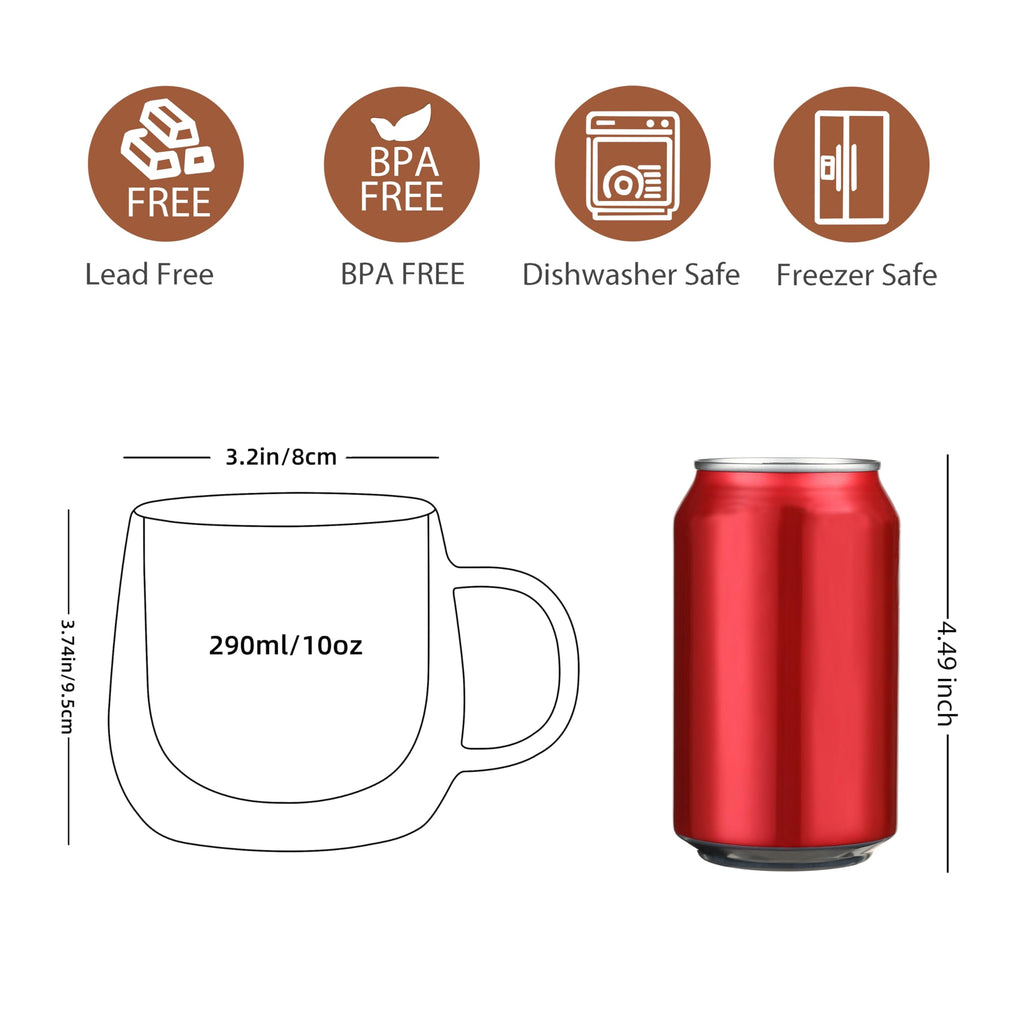 CnGlass Double Walled Glass Coffee Mugs 10oz,Large Insulated Espresso Cups,Set of 2 Clear Glasses Cappuccino Mug with Handle(Tea Latte Glassware)