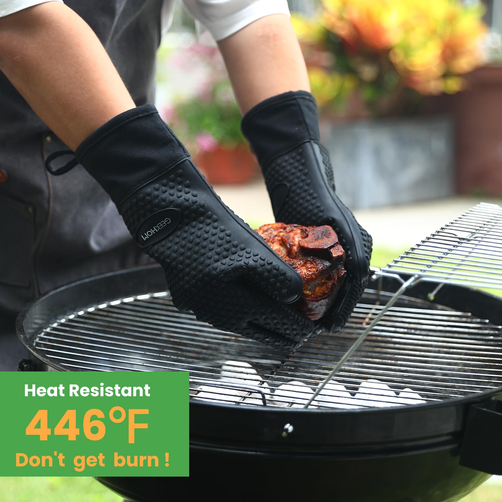 GEEKHOM Silicone Oven Mitts Heat Resistant Gloves with Cotton Lining for Kitchen Cooking, Baking & BBQ Accessories, Dishwasher Safe Non-Slip Grip (Black)
