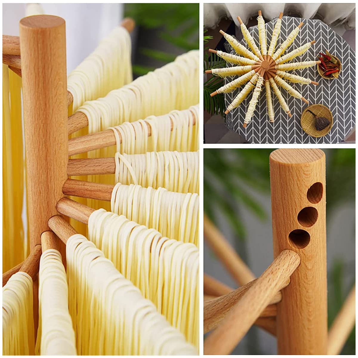 Pasta Drying Rack Collapsible Wood Fresh Pasta Dryer Rack Stand Foldable Noodle Hanger with 16 Non-Slip Rods Spaghetti Drying Rack for Kitchen Compact for Easy Storage, Quick Set up (Log Color)