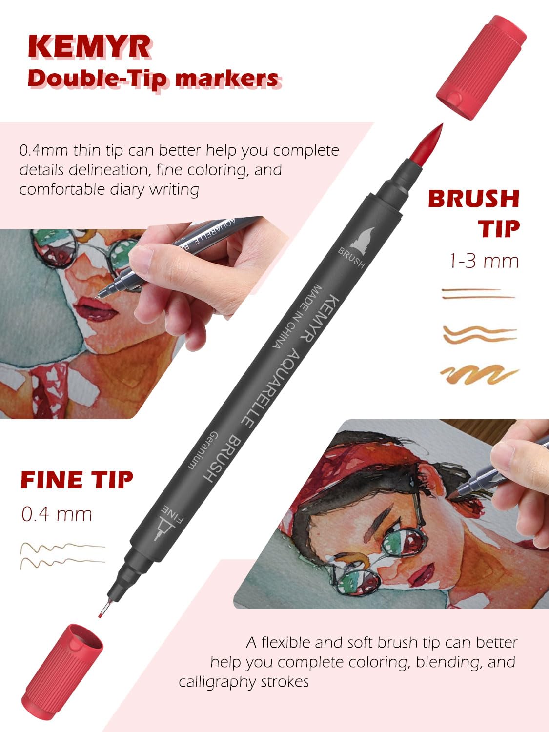 KEMYR Markers for Adult Coloring Books: 80 Colors Markers Set Dual Tips Fine & Brush Pens Water-Based Art Markers for Adults Drawing Sketching Bullet Journal Writing Lettering No bleeding