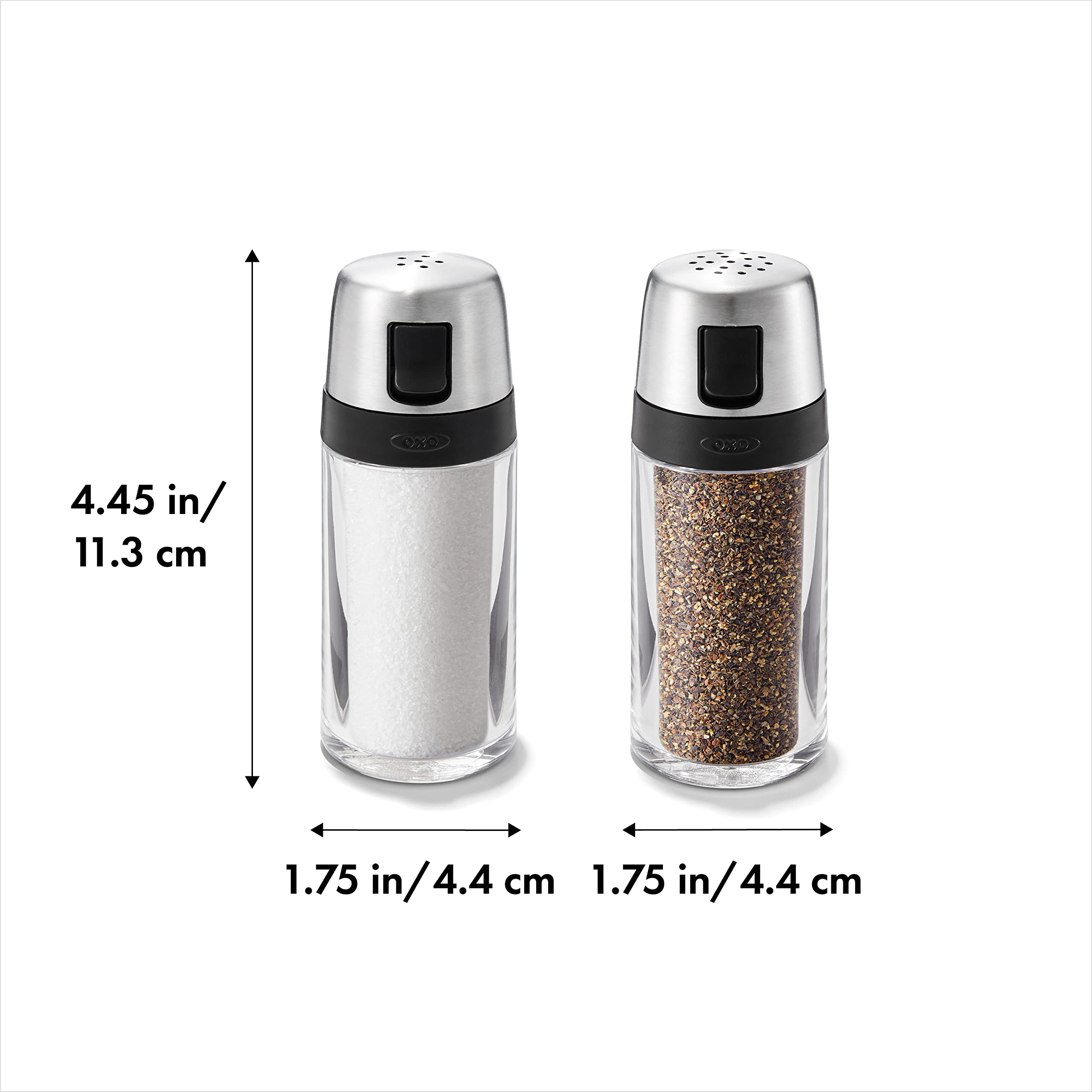 Oxo 1234780CL Salt and Pepper Shaker Set, Clear, Stainless Steel, 4.5-Inch