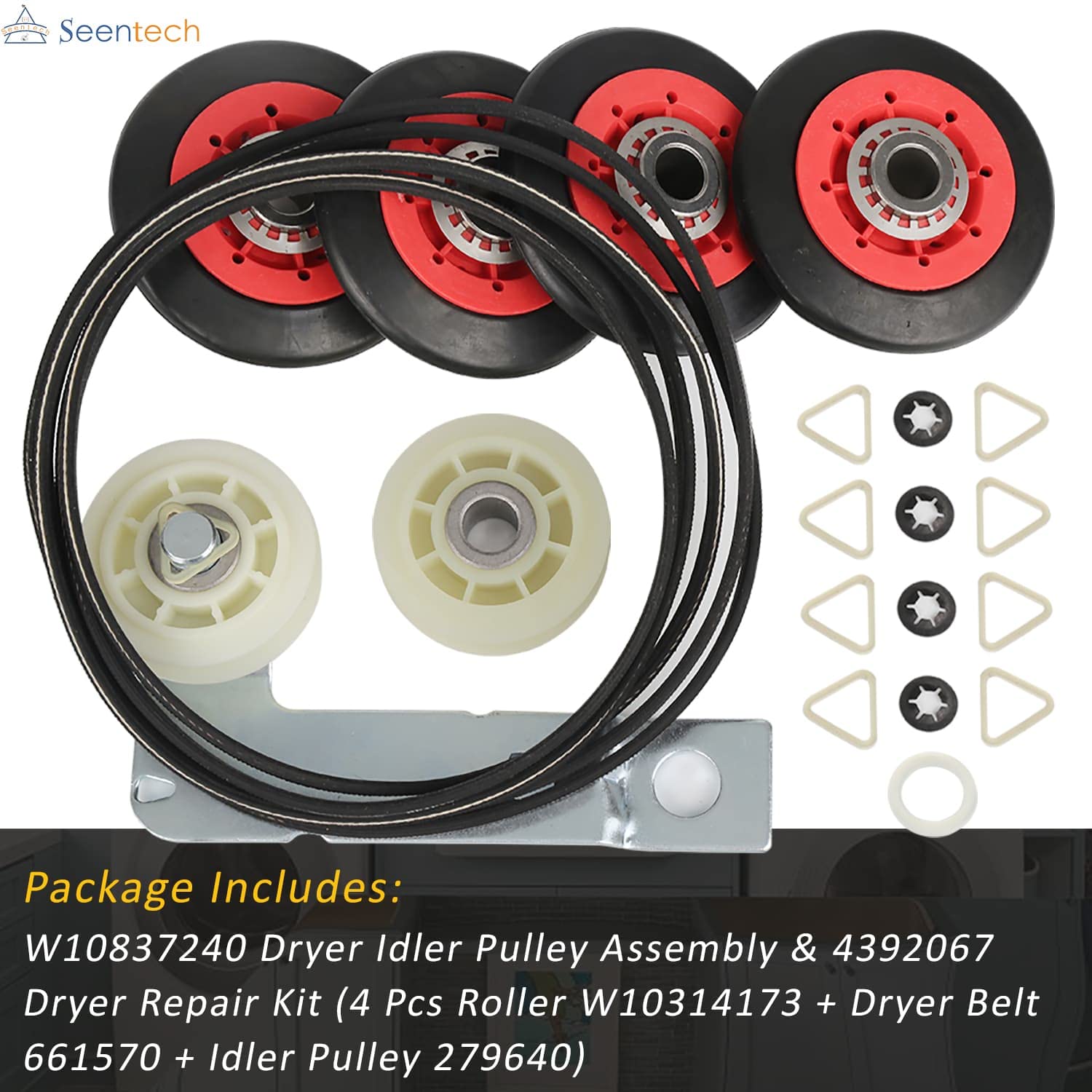 UPGRADED 4392067 Dryer Repair Kit & W10837240 Dryer Idler by Seentech, Includes WPW10314173 Drum Rollermm,661570V Belt, 279640 Idler Pulley – Replaces 2015 4392067VP 80047 587637