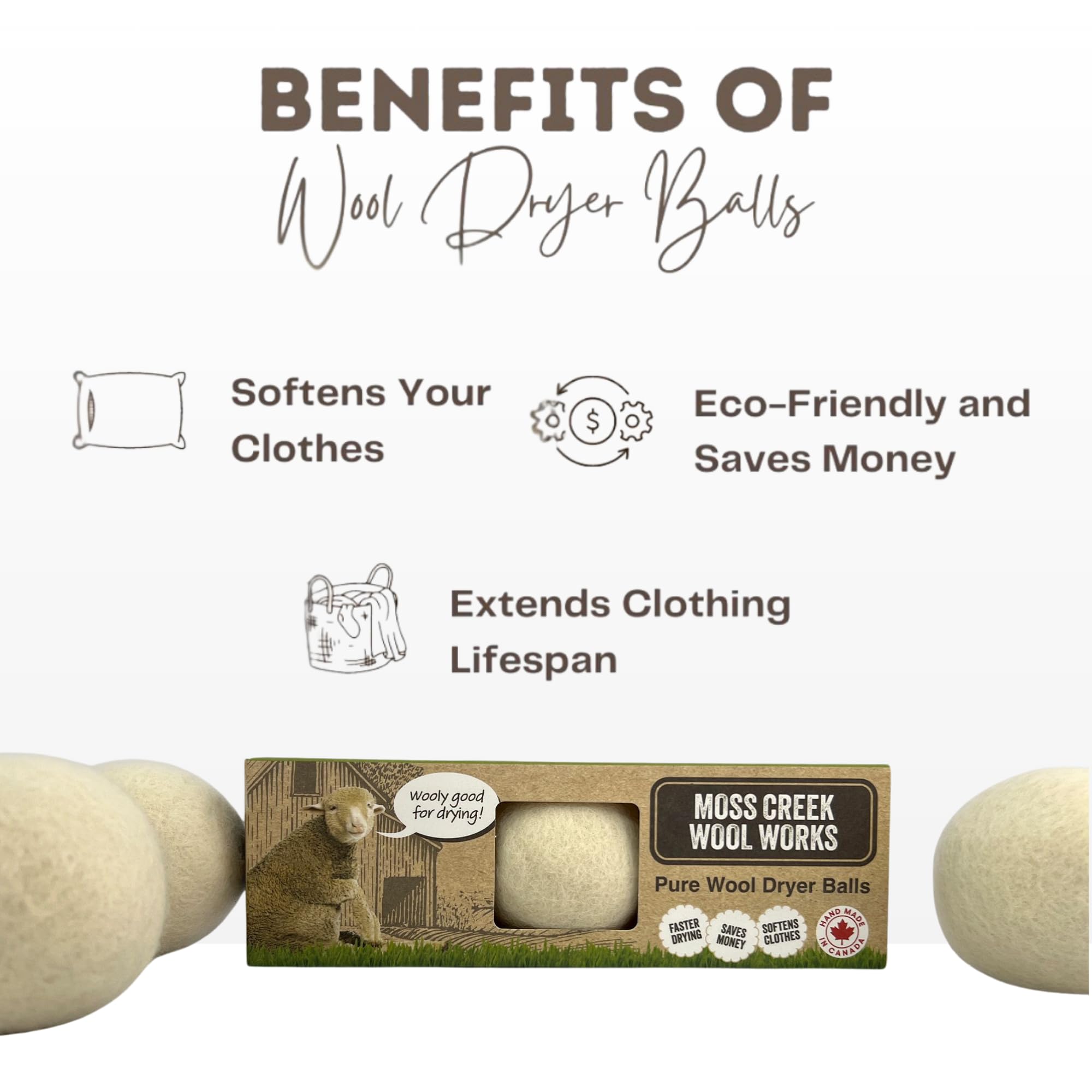 Wool Dryer Balls Made in Canada, Natural Fabric Softener Balls, Dryer Ball for Laundry, Reusable, Anti Static Dryerball, Boule Sécheuse, Canadian Products, XL, White, 3 Count, Pack of 1