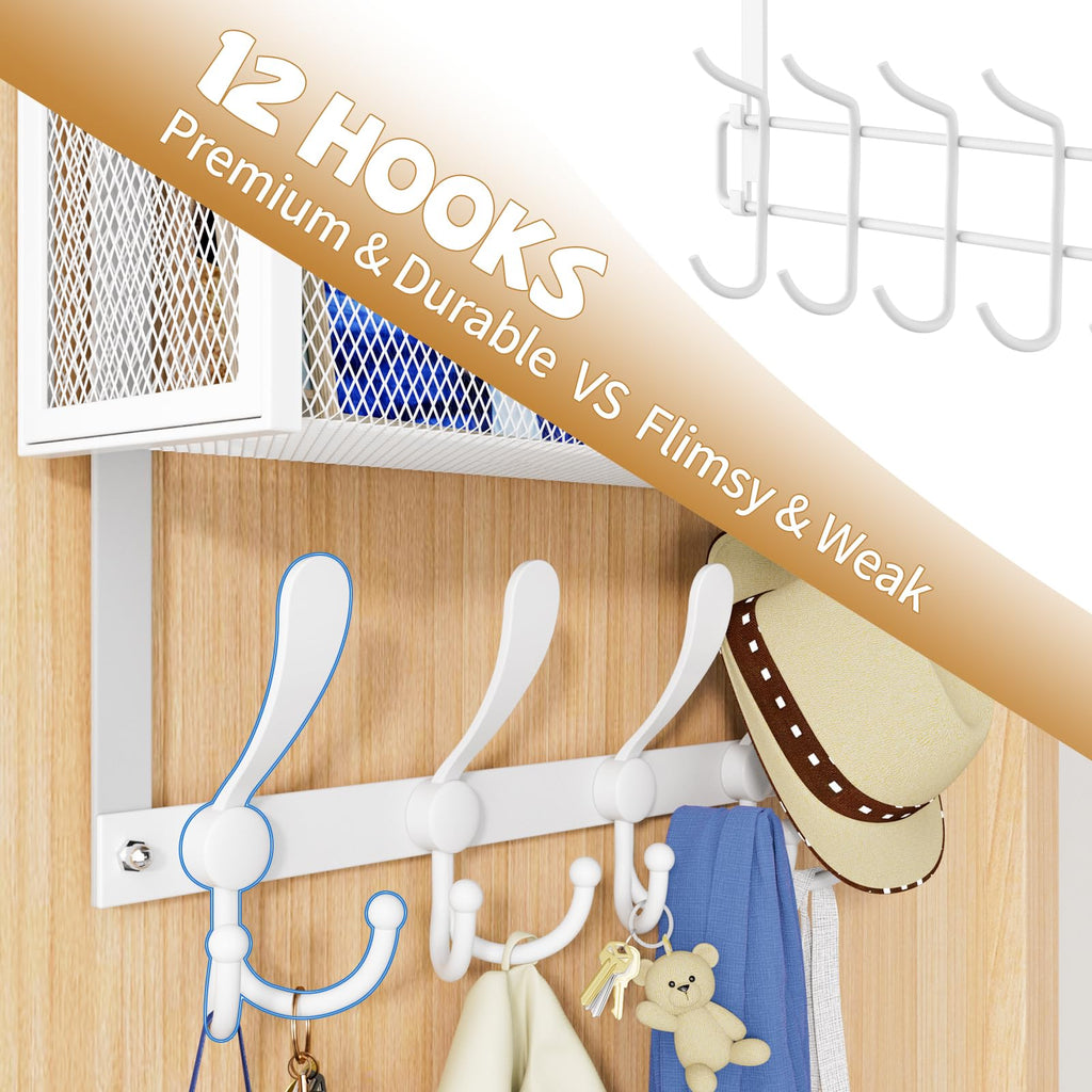 Kaiferty Over The Door Hooks Organizer, Door Hanger Towel Rack Mesh Basket with 12 Hooks,Over The Door Storage Coat Hooks Behind Door Organizer for Bathroom,Bedroom,Kitchen,Office (White, 2-Tier)