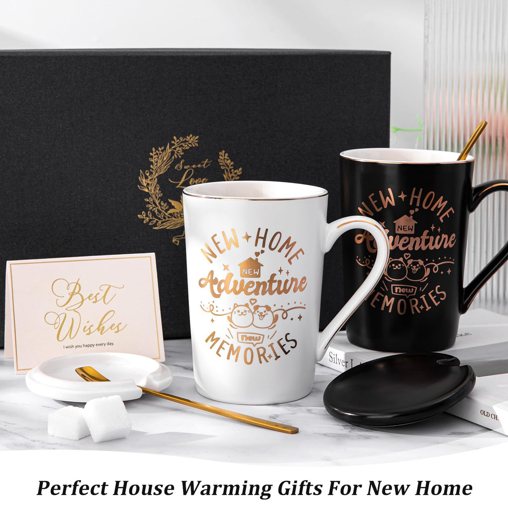 House Warming Gifts for New Home, New Home Gift Ideas for Couples, 14OZ Ceramic Couple Mug Set with Gold Spoon Greeting Card Luxury Box for Neighbor Friend