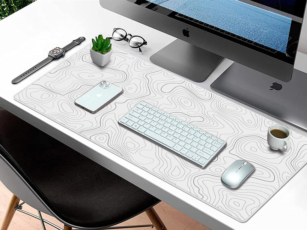 Rinaze Large Gaming Mouse Pad Desk Mat with White Topographic, Anti-Slip Keyboard Pad with Multifunctional, Comfortable Big XXL Mousepad, Office Desk Accessories for Computer, Home and Gaming