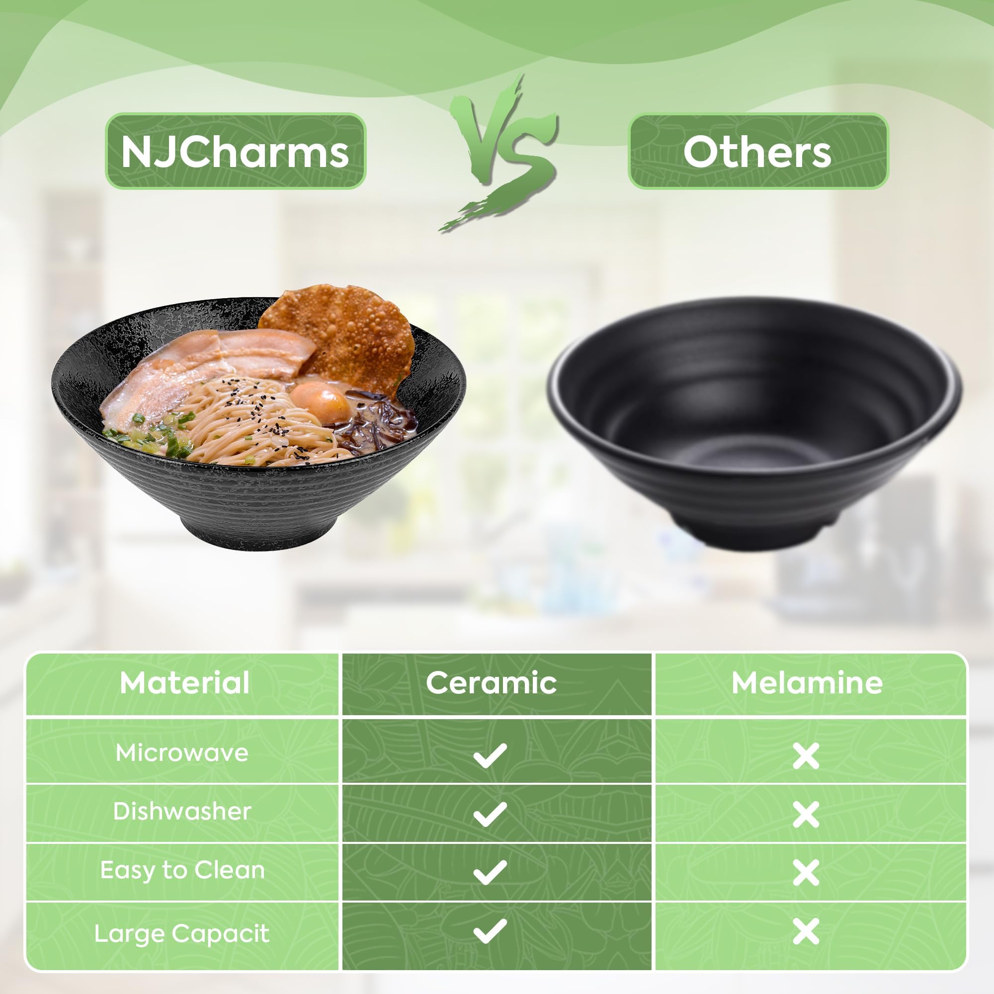 NJCHARMS Ceramic Ramen Bowl Set of 2, 60 oz Japanese Noodle Soup Bowls with Spoons and Chopsticks for Ramen Soup Pho Udon Asian Noodles, Large Noodle Bowls(Black)