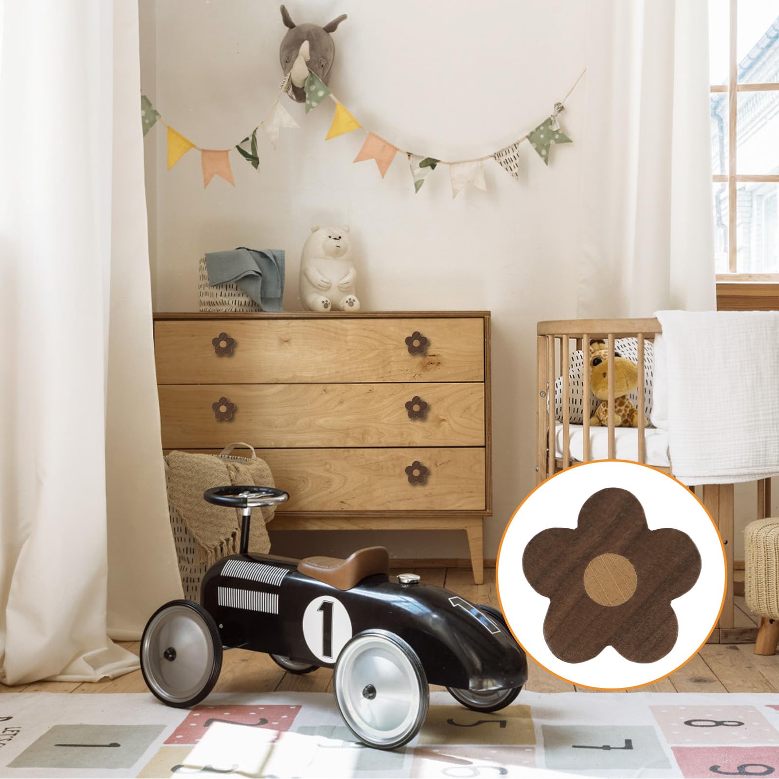 MOROBOR 6pcs Flower Shaped Wooden Cabinet Knobs, Single Hole Walnut Wood Handles Nursery Pulls for Chest of Drawers with Screws & Expansion Tube