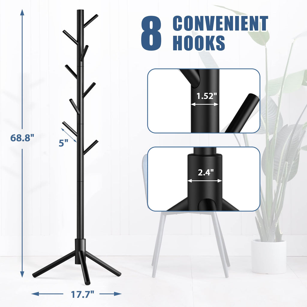 Haddockway Wooden Coat Rack Stand with 8 Hooks New Zealand Pine Adjustable Coat Standing Tree Easy Assembly for Coats, Hats, Scarves and Handbags for Entryway, Hallway, Bedroom, Office (Black)