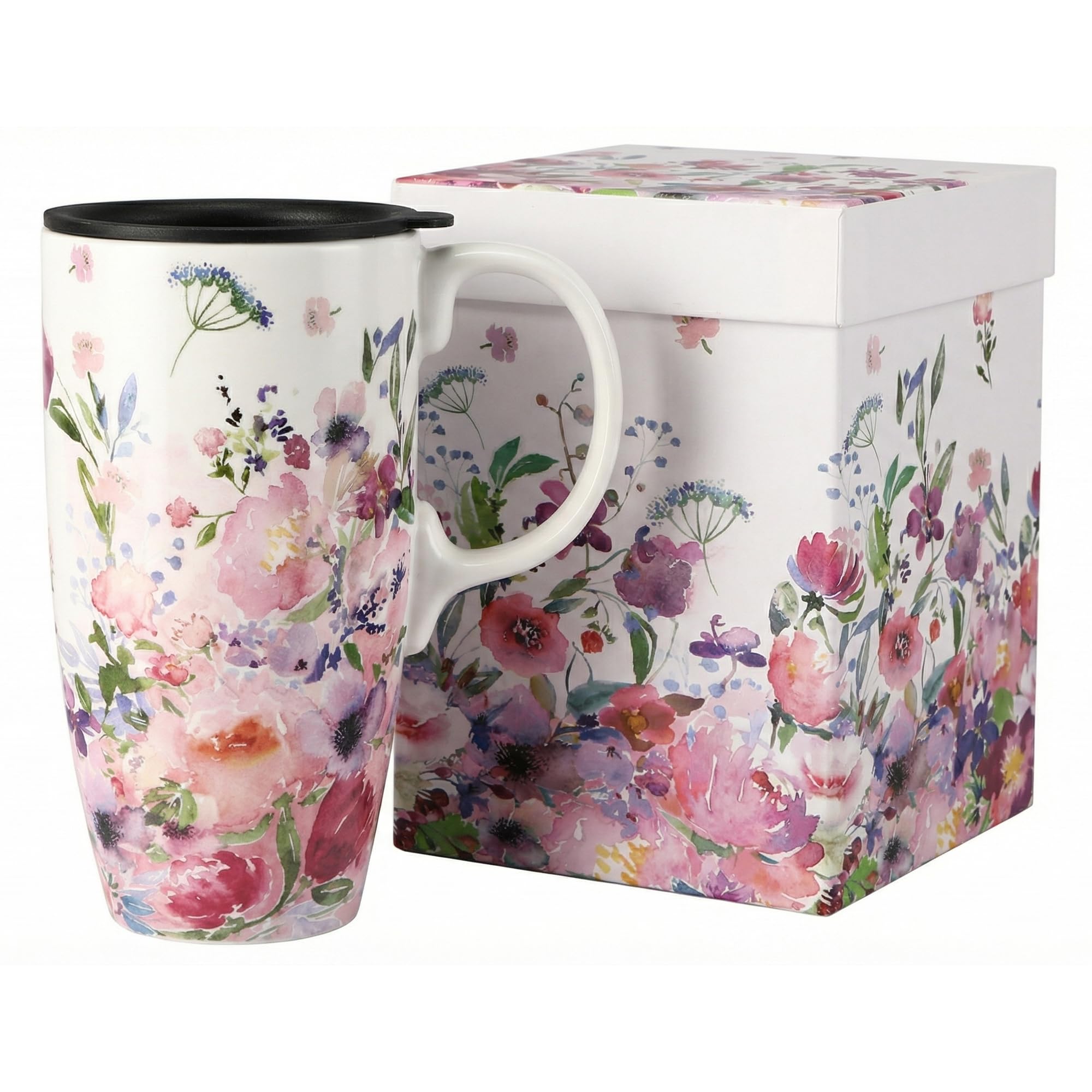 Topadorn Ceramic Mug with Lid Coffee Mug with Gift Box Latte Mug Coffee Cup,17oz.Pink Garden