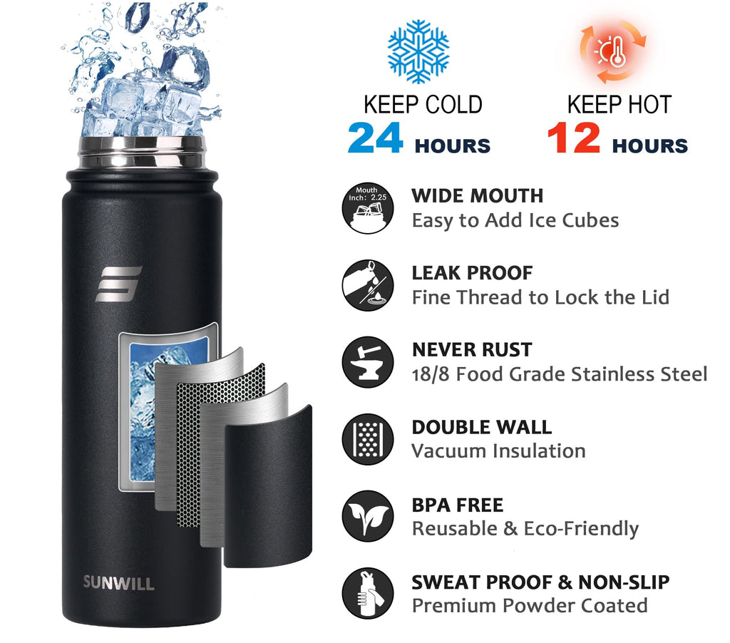 SUNWILL Metal Water Bottle with Straw 22 oz, Stainless Steel Insulated Flask for Cold and Hot Drink, Travel, Sports, Gym, Powder Coated Black