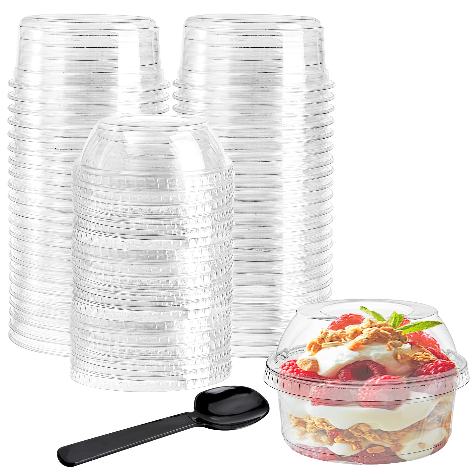 WUWEOT 50 Pack Plastic Dessert Cups, 10 oz Clear PET Dessert Bowls, Re-usable Parfait Cups with Lid (No Hole) for Ice Cream Fruit Iced Cold Drinks Dessert Yogurt Cereal Parfait Puddings Mousse