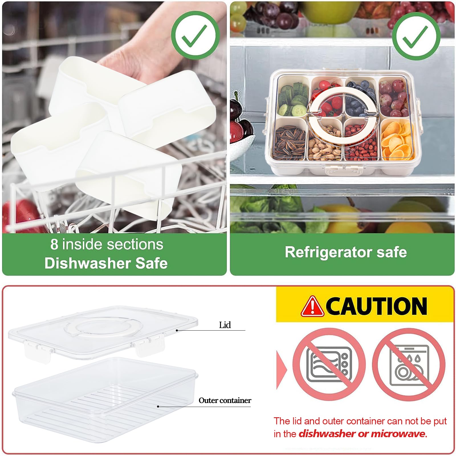 shopwithgreen 8 Compartment Snack Box Container, Divided Serving Tray with Lid and Handle, Portable Snackle Box for Veggies, Fruit, Nuts, Candy (2 Pack)