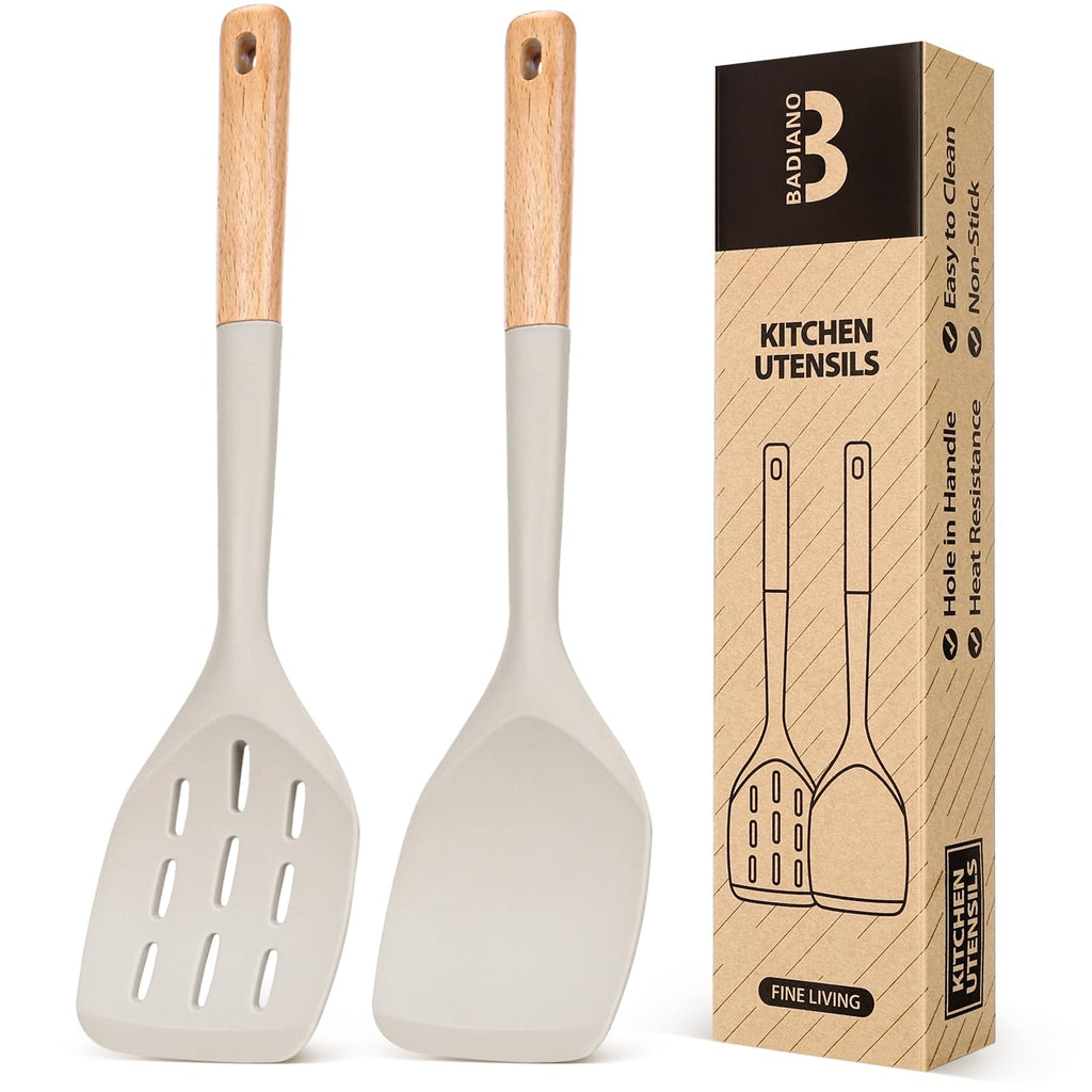 Pack of 2 Silicone Spatula, Non Stick Cooking Utensil Set Stainless Steel Handle Kitchen Turner for Baking Mixing Grilling Serving Food Heat Resistant Non Scratch Hooks Included (Khaki)