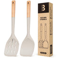 Pack of 2 Silicone Spatula, Non Stick Cooking Utensil Set Stainless Steel Handle Kitchen Turner for Baking Mixing Grilling Serving Food Heat Resistant Non Scratch Hooks Included (Khaki)