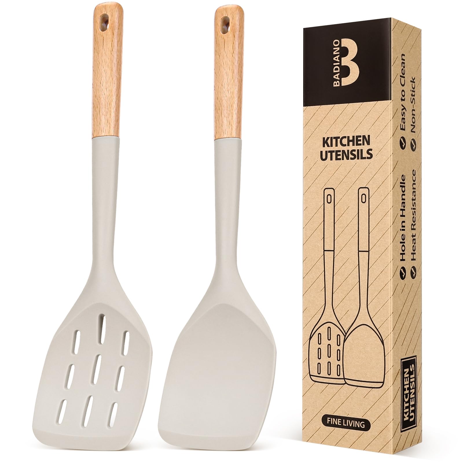 Pack of 2 Silicone Spatula, Non Stick Cooking Utensil Set Stainless Steel Handle Kitchen Turner for Baking Mixing Grilling Serving Food Heat Resistant Non Scratch Hooks Included (Khaki)