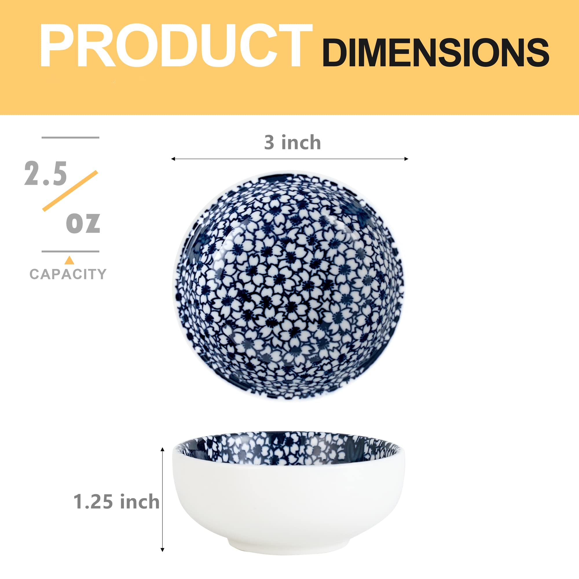 Swuut Japanese Style Ceramic Dipping Bowls,3'' Small Pinch Bowls Set Side Sauce Cups,Dishes for Sushi,Snack and Soy,BBQ,2.5 Oz Blue and White Mini Bowl for Kitchen Prep - Set of 6 (3 inch)