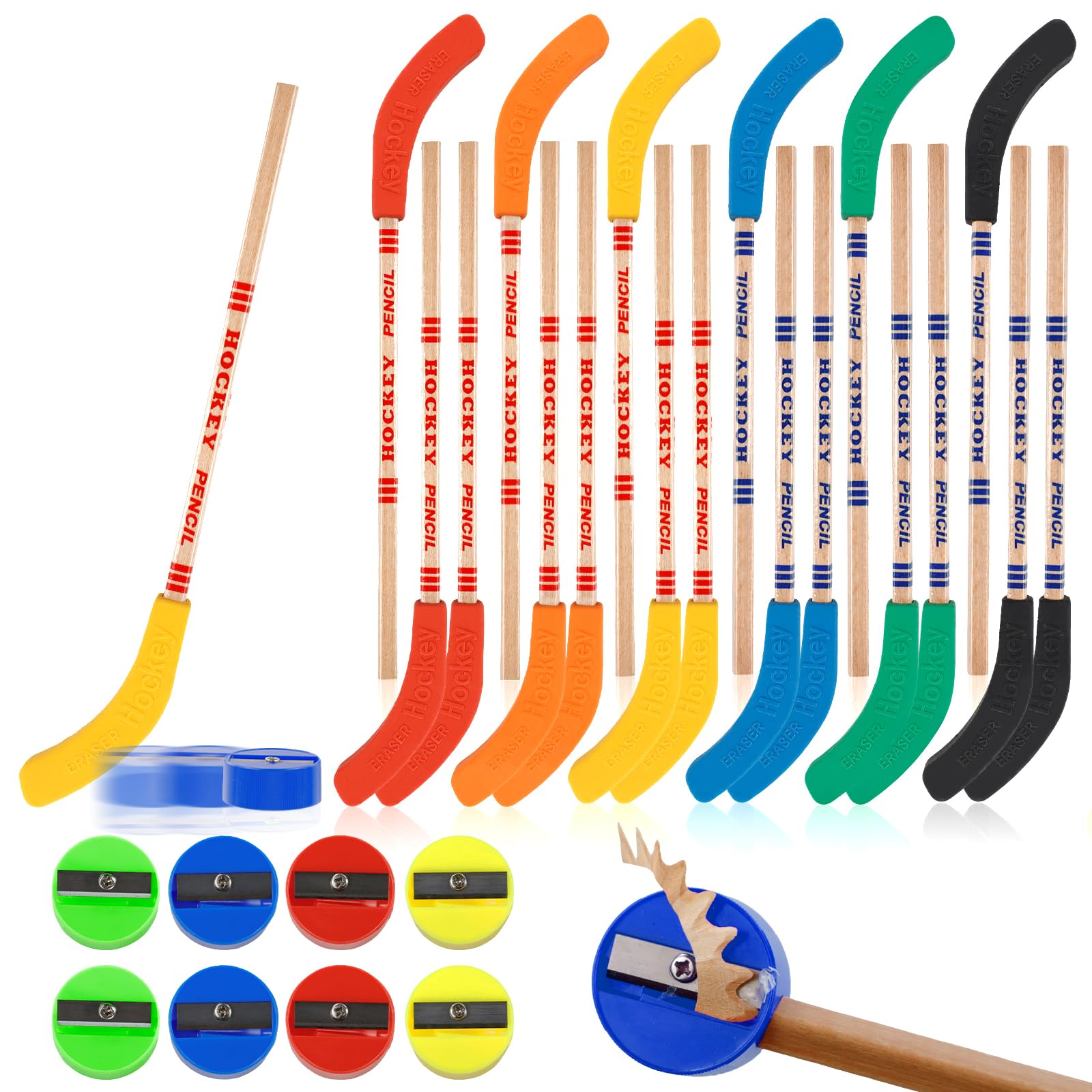 OT-NVWOZR 18pcs Hockey Pencils with Erasers, 9 Inch Multicolor Hockey Sticks Pencils with 8pcs Mini Round Pencil Sharpeners, Fun Cool Pencil Gifts for Fans Students, Sports Party Favors