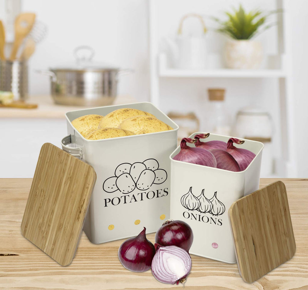 Xbopetda Potato Onion Storage Bin, Kitchen Storage Canister Set of 2, Kitchen Pantry Organizer Tin - Vegetable Fresh Keeper with Aerating Tin Storage Holes & Wooden Lid (White)