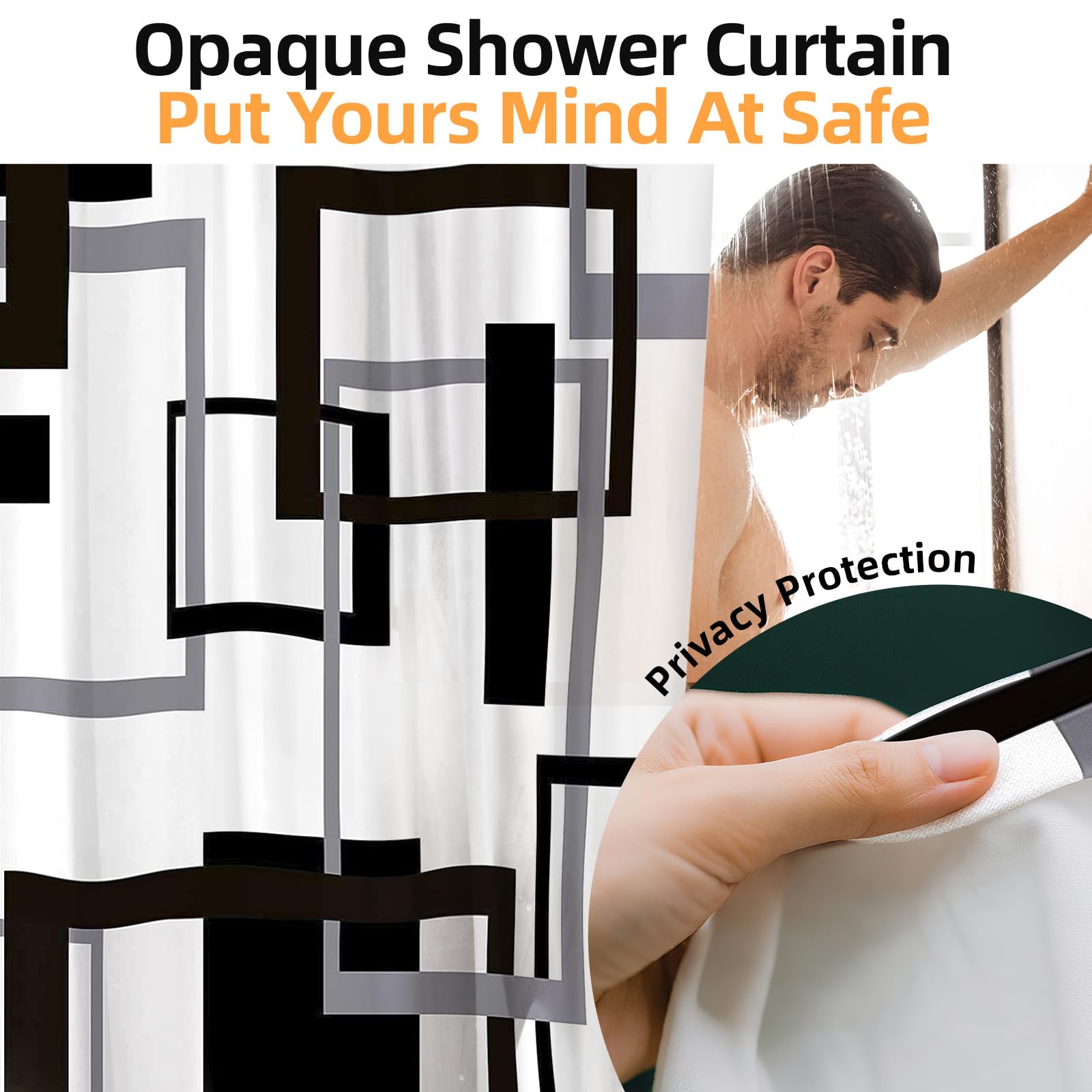Black and White Shower Curtain, Black Grey Geometric Fabric Shower Curtain Set, Abstract Mid Century Modern Minimalist Waterproof Shower Curtain for Bathroom Decor, 72 x 72