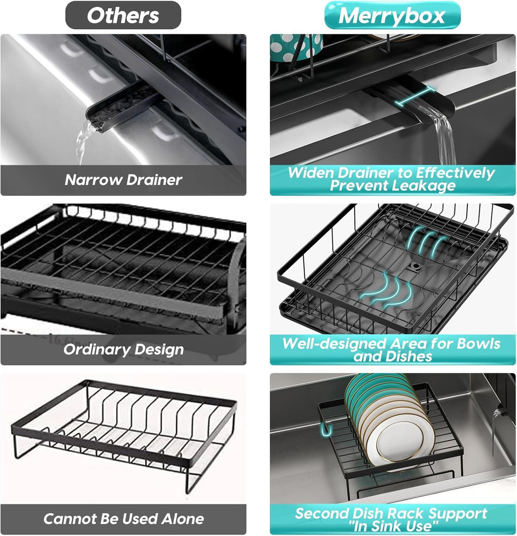 MERRYBOX Dish Drying Rack - Dish Racks with Drainboard for Kitchen Counter, Compact Stainless Steel Dish Drainer with Widened Leak-Proof Spout, Large 3-Compartment Utensil Holder, Easy Installation