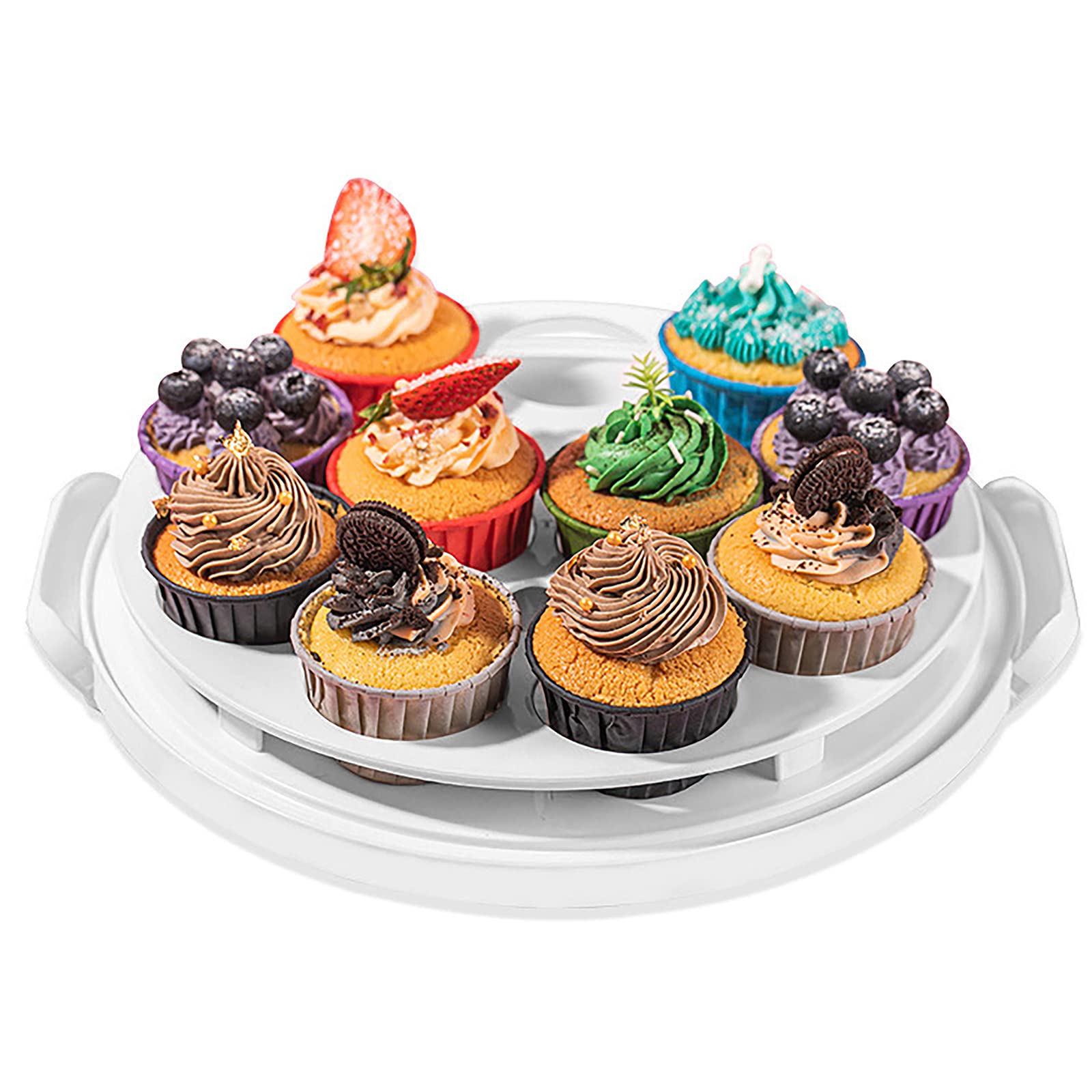 Yesland Cake Carrier with Collapsible Handle - White Cake Container and Holder with Lid - Portable Plastic Round Cake Cover for 10 inch Cake, Pies, Cookies, Nuts, Muffins, Cupcakes and Fruit