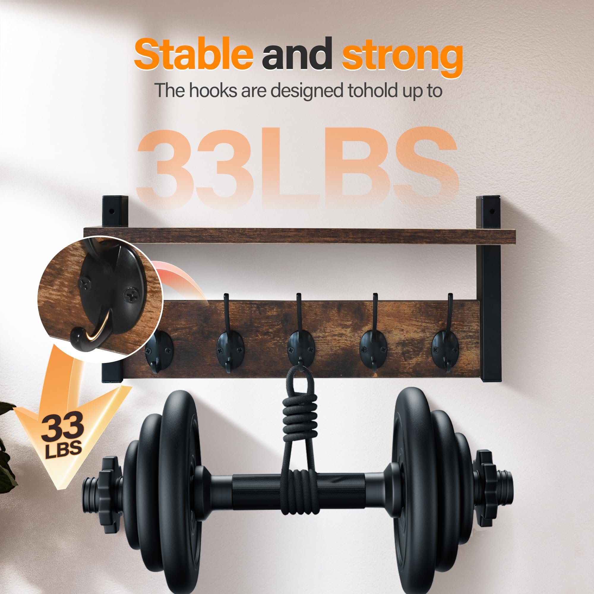 Orapoke Wall Shelf with Hooks, 17" Coat Rack Wall Mount with Shelf, Coat Hook Wall Mount with Five Heavy Duty Double Hooks for Bathroom, Bedroom, Living Room (One Tier)