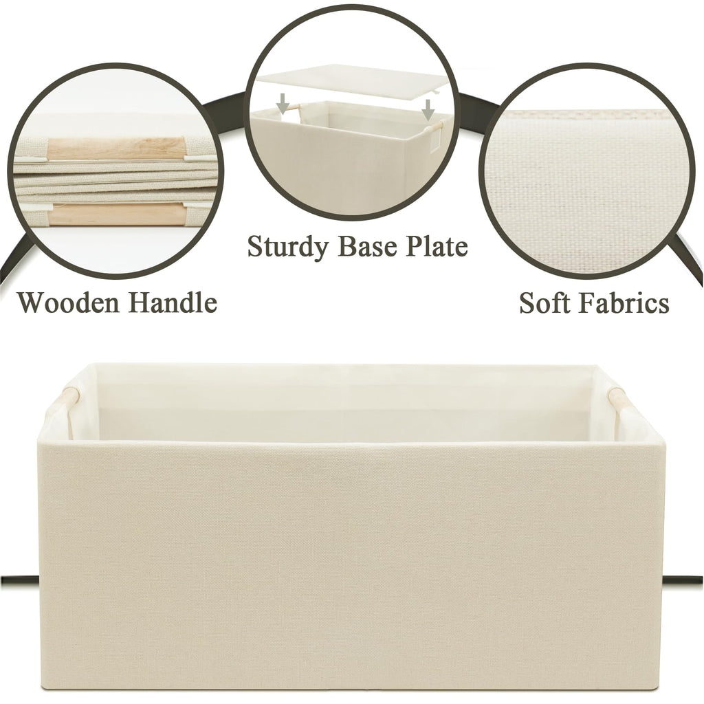 Fabric Collapsible Storage Bins, 2 Packs Cloth Storage Cubes with Wooden Handles, Stow Home Items Shelf Baskets, Rectangular Storage Basket for Decor, Shelves and Closet Organizer Bins (Beige)
