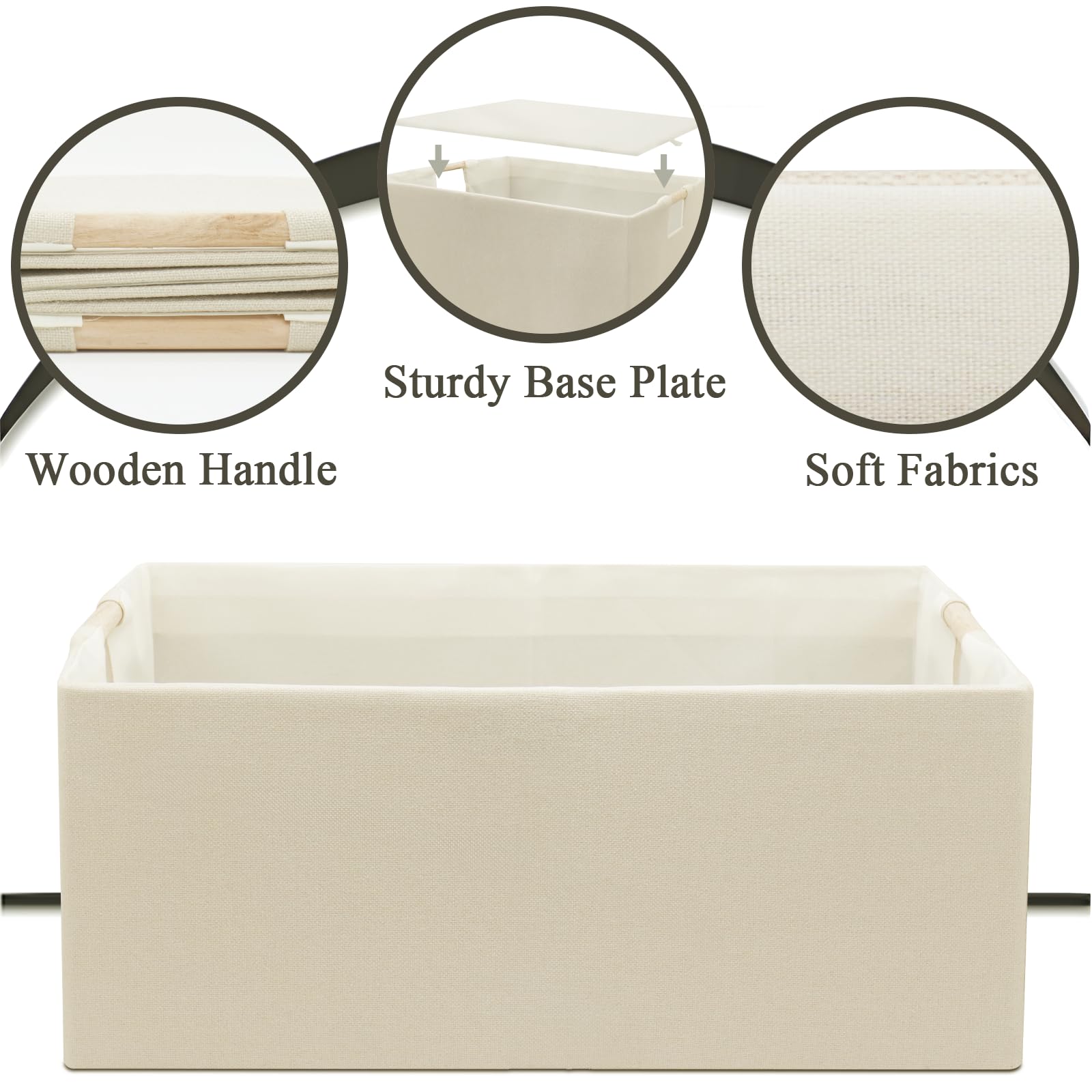 Fabric Collapsible Storage Bins, 2 Packs Cloth Storage Cubes with Wooden Handles, Stow Home Items Shelf Baskets, Rectangular Storage Basket for Decor, Shelves and Closet Organizer Bins (Beige)