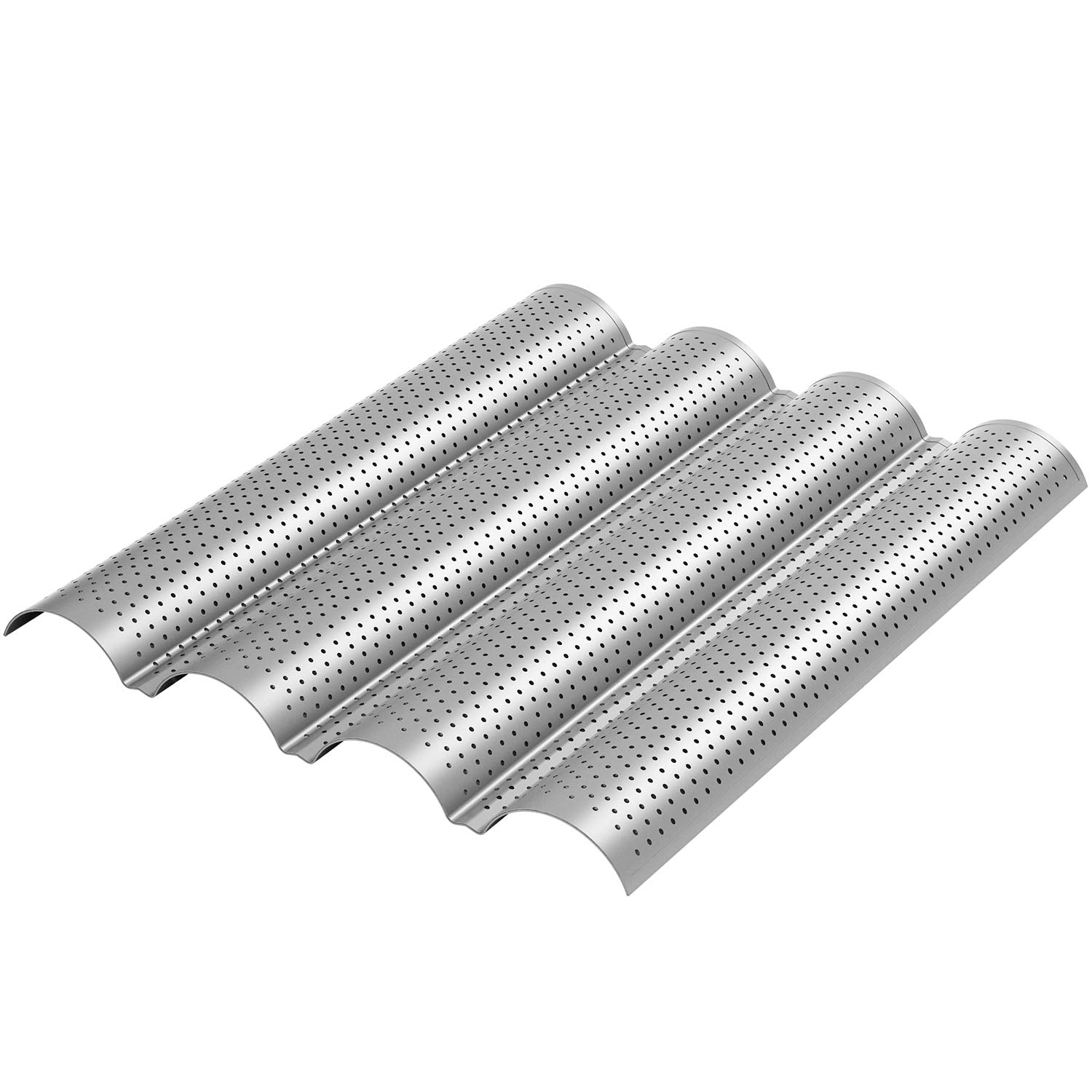 2 Pack Nonstick Perforated Baguette Pan 15" x 13" for French Bread Baking 4 Wave Loaves Loaf Bake Mold Toast Cooking Bakers Molding 4 Gutter Oven Toaster Pan (Sliver)