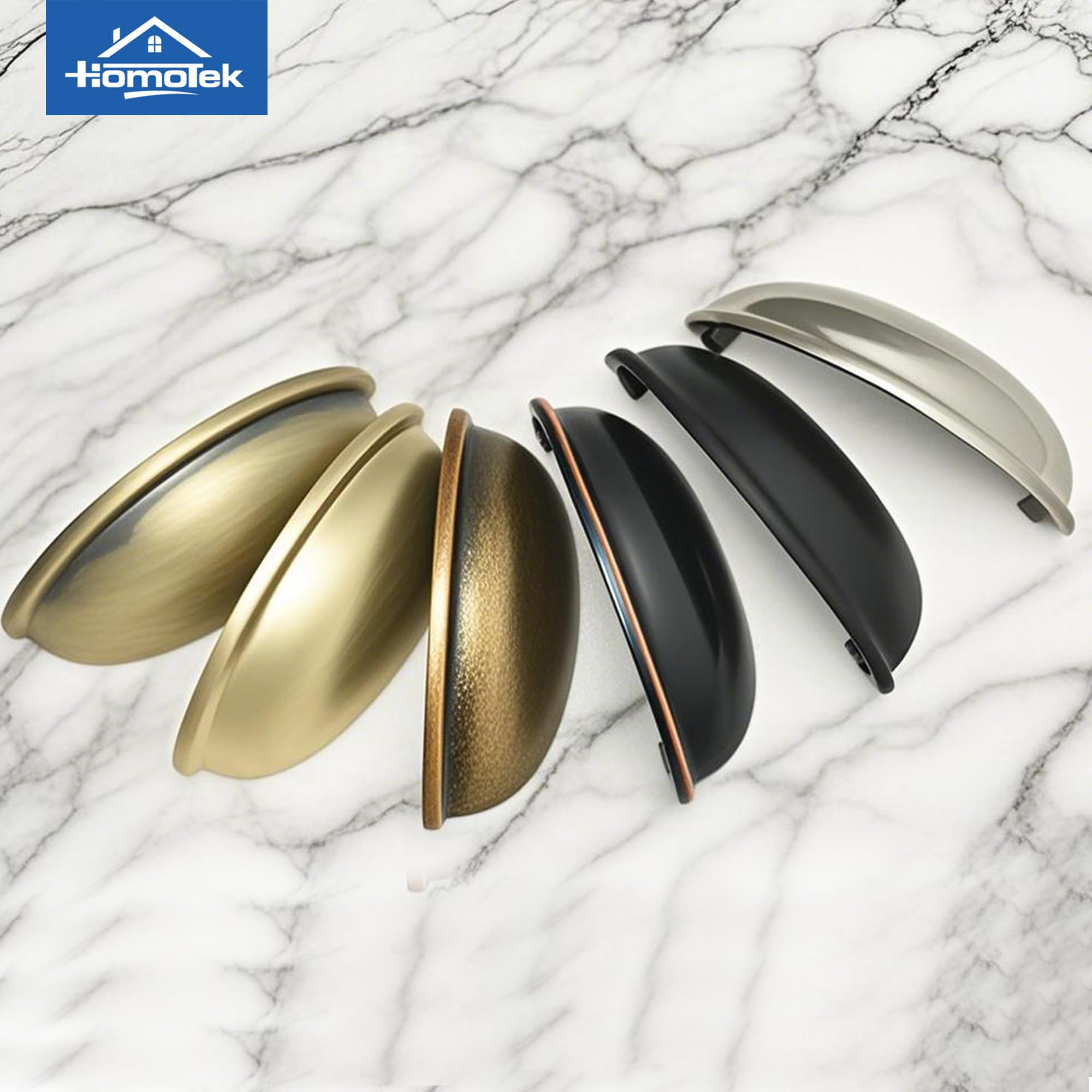 HOMOTEK 6 Pack Drawer Bin Cup Pulls Dresser Pulls for Cabinets Brass Bronze - 3 Inch Hole Centers Furniture Handles,Kitchen Cabinet Hardware