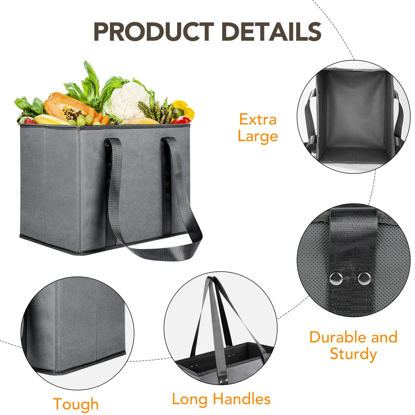 BURVAGY 4 Pack Reusable Grocery Bags - Heavy Duty Reusable Shopping Bags with Box Shape to Stand Up, Stay Open, Fold Flat - Foldable Grocery Tote Bag with Long Handles & Reinforced Bottom Grey